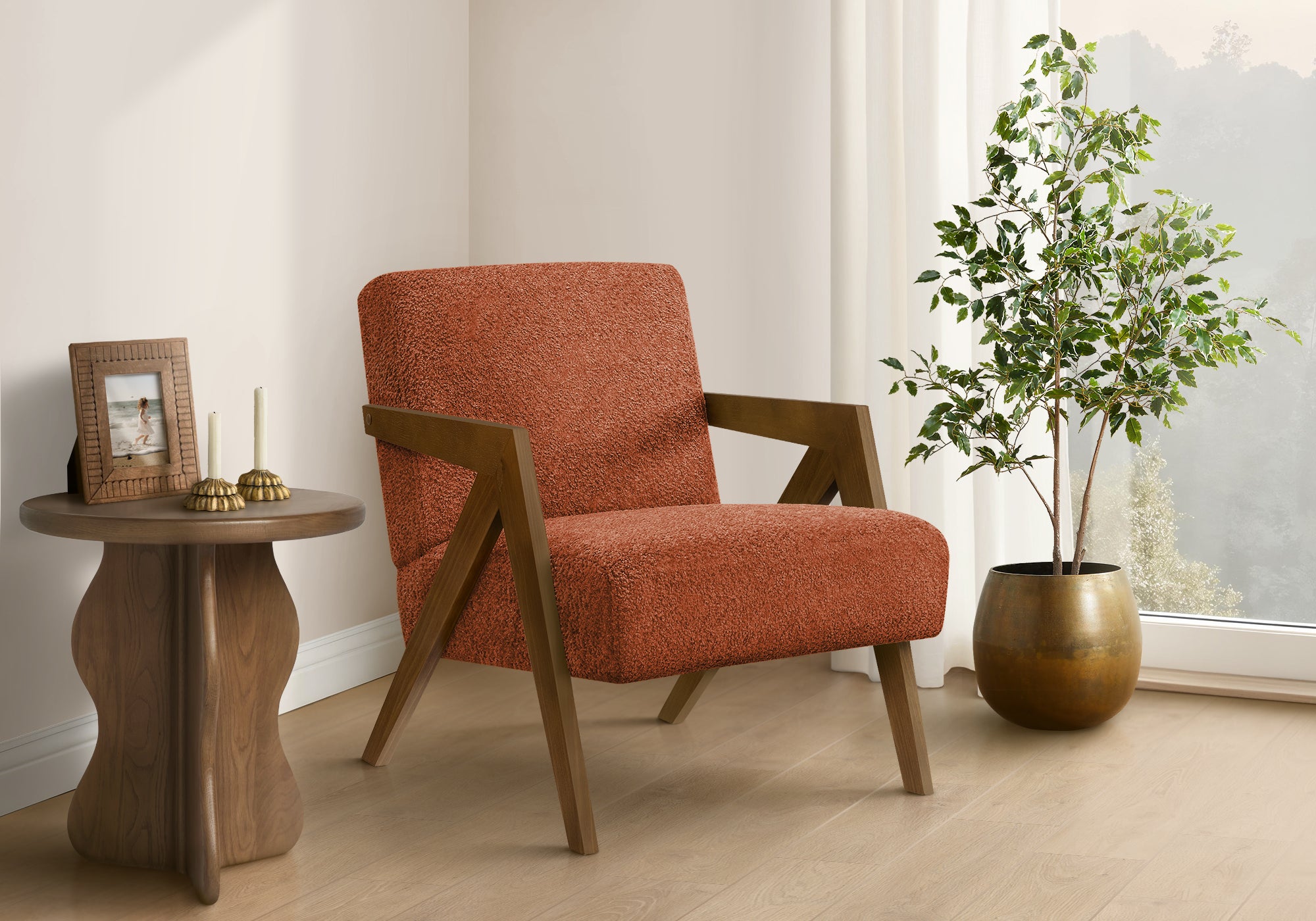 MN-J478303    Accent Chair, 30"h, Upholstered, Living Room, Bedroom, Red Fabric, Brown Walnut Solid Wood, Modern, Mid Century
