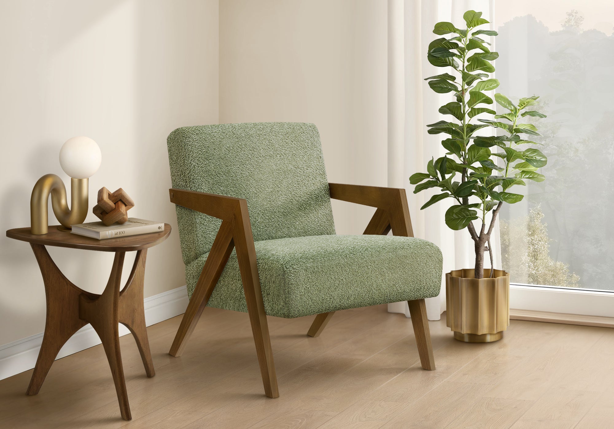 MN-J478304    Accent Chair, 30"h, Upholstered, Living Room, Bedroom, Green Fabric, Brown Walnut Solid Wood, Modern, Mid Century