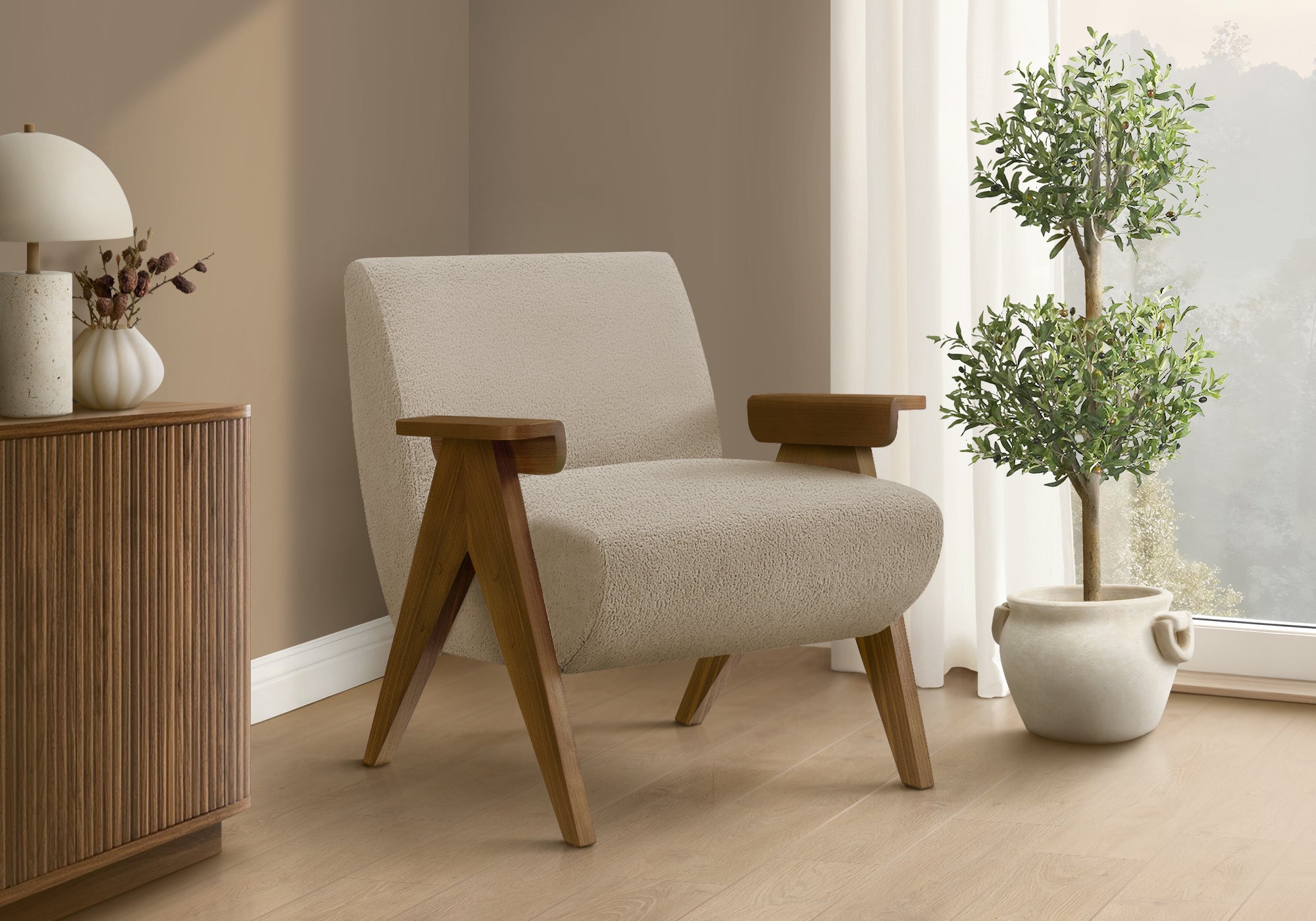 MN-H528310    Accent Chair, 31"h, Upholstered, Living Room, Bedroom, Beige Fabric, Brown Walnut Solid Wood, Modern, Mid Century
