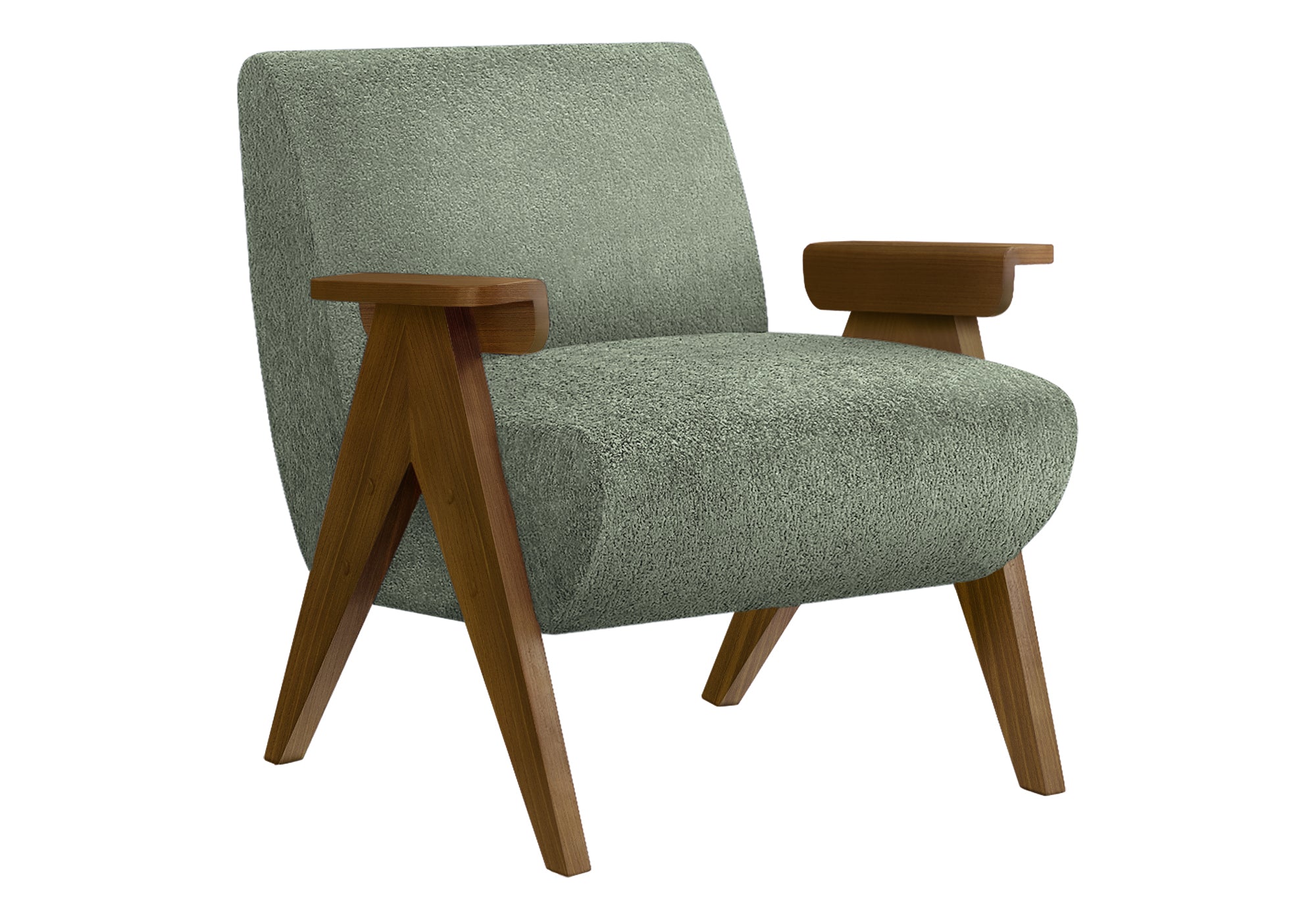 MN-538311    Accent Chair, 31"h, Upholstered, Living Room, Bedroom, Green Fabric, Brown Walnut Solid Wood, Modern, Mid Century