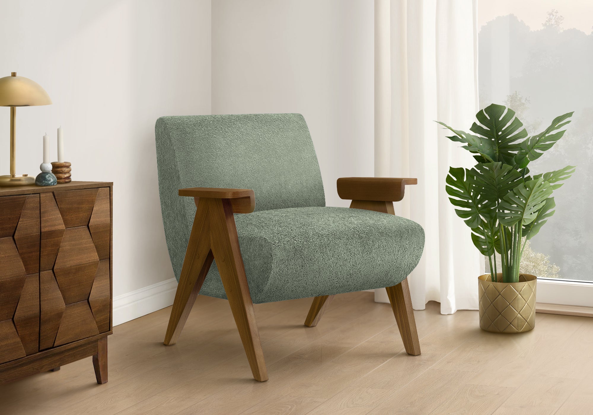 MN-538311    Accent Chair, 31"h, Upholstered, Living Room, Bedroom, Green Fabric, Brown Walnut Solid Wood, Modern, Mid Century