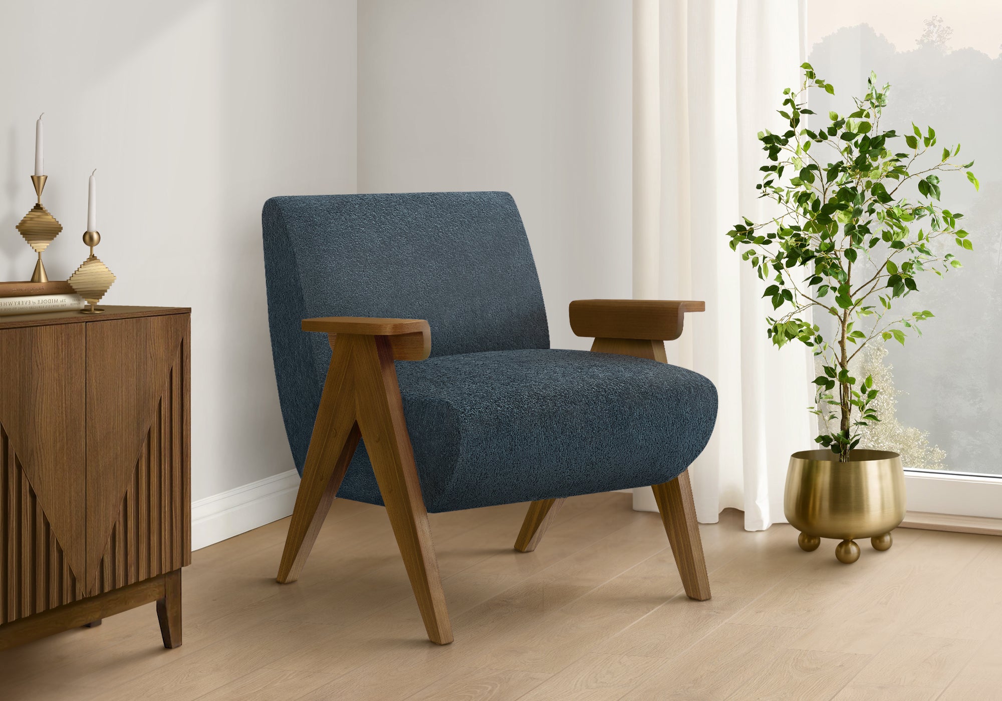 MN-H528313    Accent Chair, 31"h, Upholstered, Living Room, Bedroom, Blue Fabric, Brown Walnut Solid Wood, Modern, Mid Century