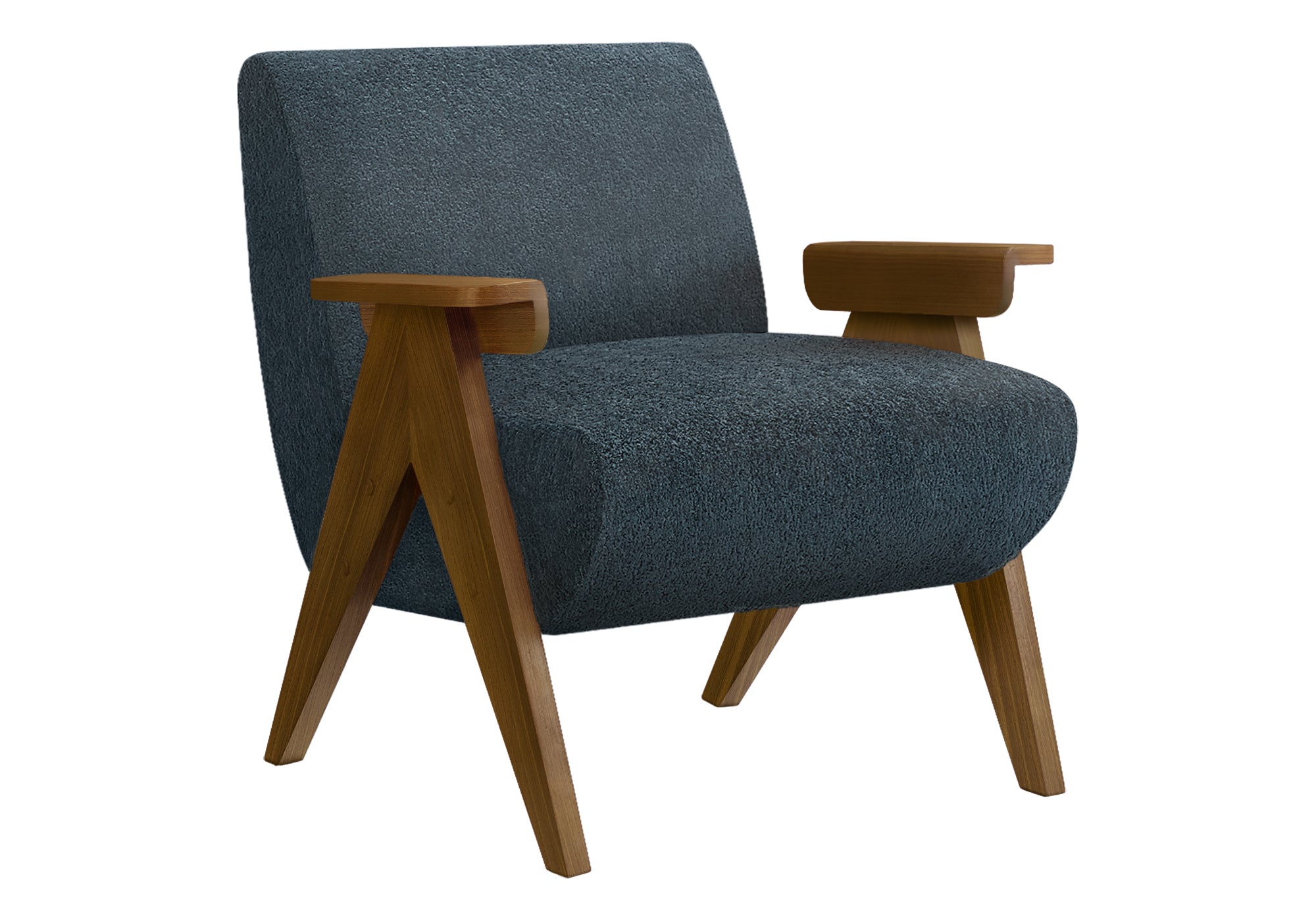 MN-H528313    Accent Chair, 31"h, Upholstered, Living Room, Bedroom, Blue Fabric, Brown Walnut Solid Wood, Modern, Mid Century