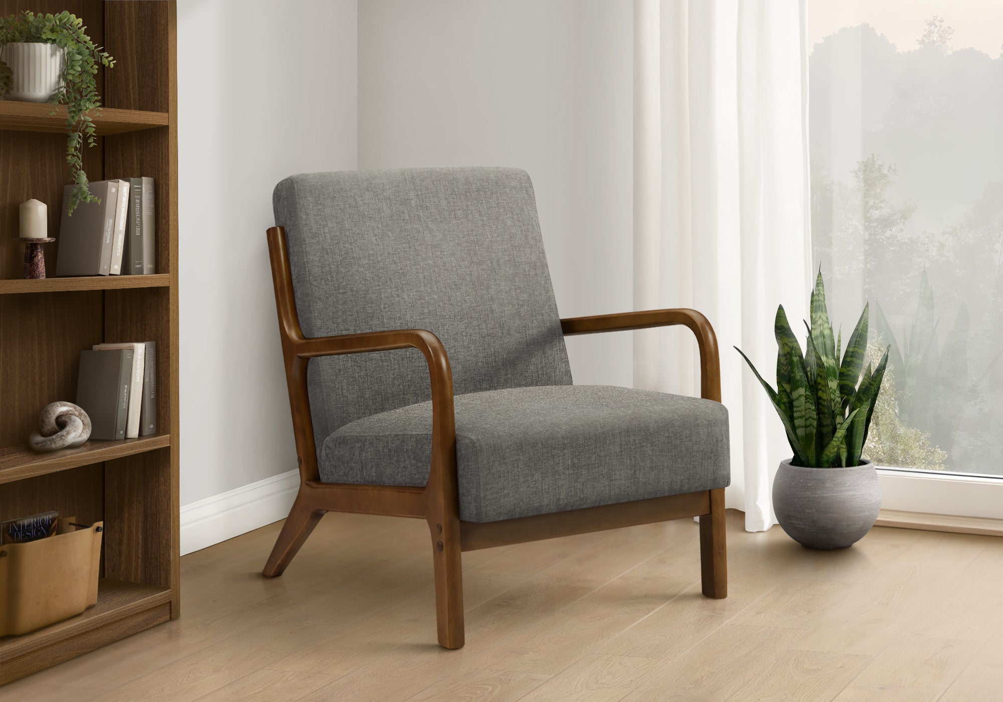 MN-V588330    Accent Chair, 34"h, Upholstered, Living Room, Bedroom, Dark Grey Fabric, Brown Walnut Solid Wood, Modern, Mid Century