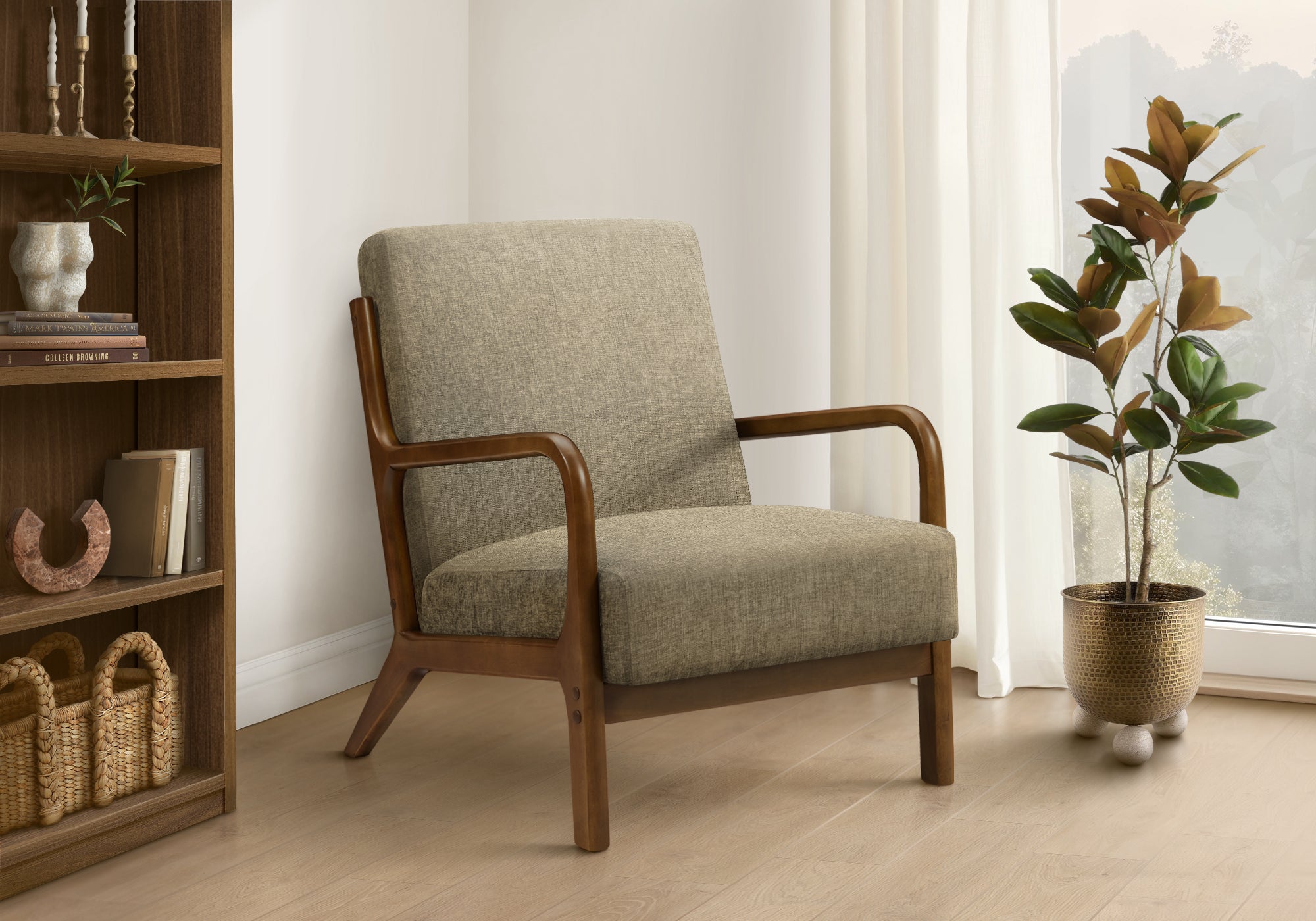 MN-V588331    Accent Chair, 34"h, Upholstered, Living Room, Bedroom, Light Brown Fabric, Brown Walnut Solid Wood, Modern, Mid Century