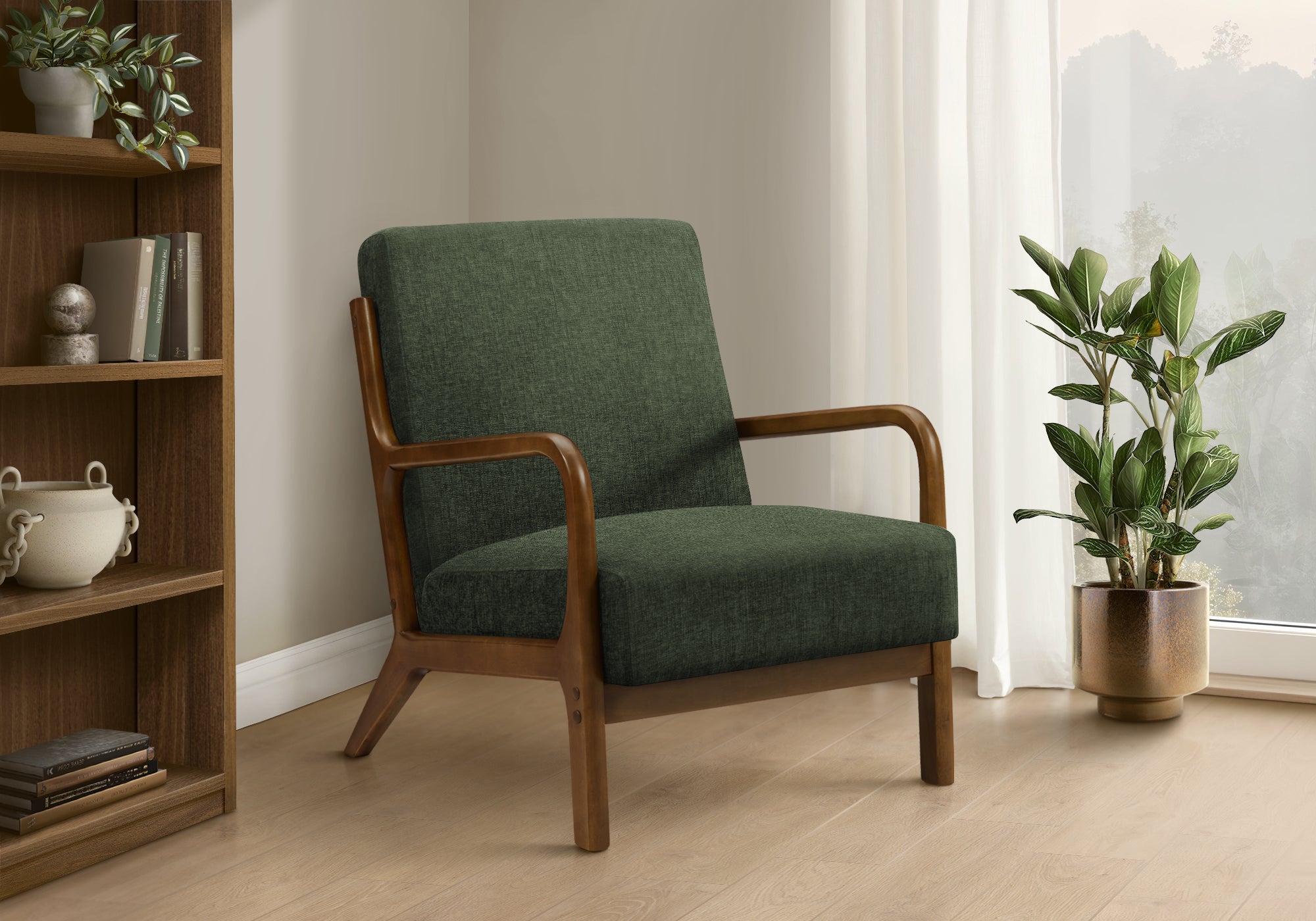 MN-V588332    Accent Chair, 34"h, Upholstered, Living Room, Bedroom, Green Fabric, Brown Walnut Solid Wood, Modern, Mid Century