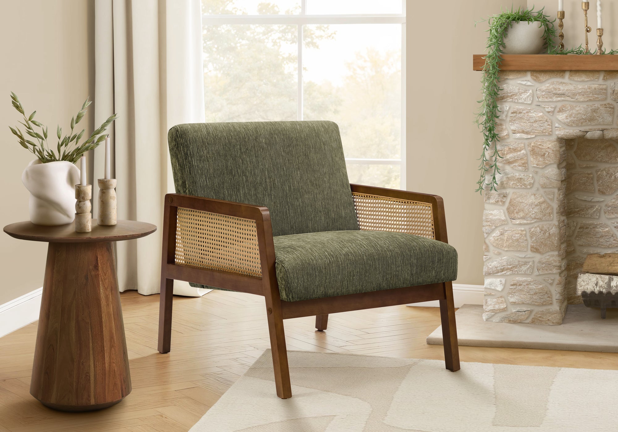 MN-U668336    Accent Chair, 30"h, Upholstered, Living Room, Bedroom, Green Fabric, Brown Walnut Solid Wood, Modern, Mid Century