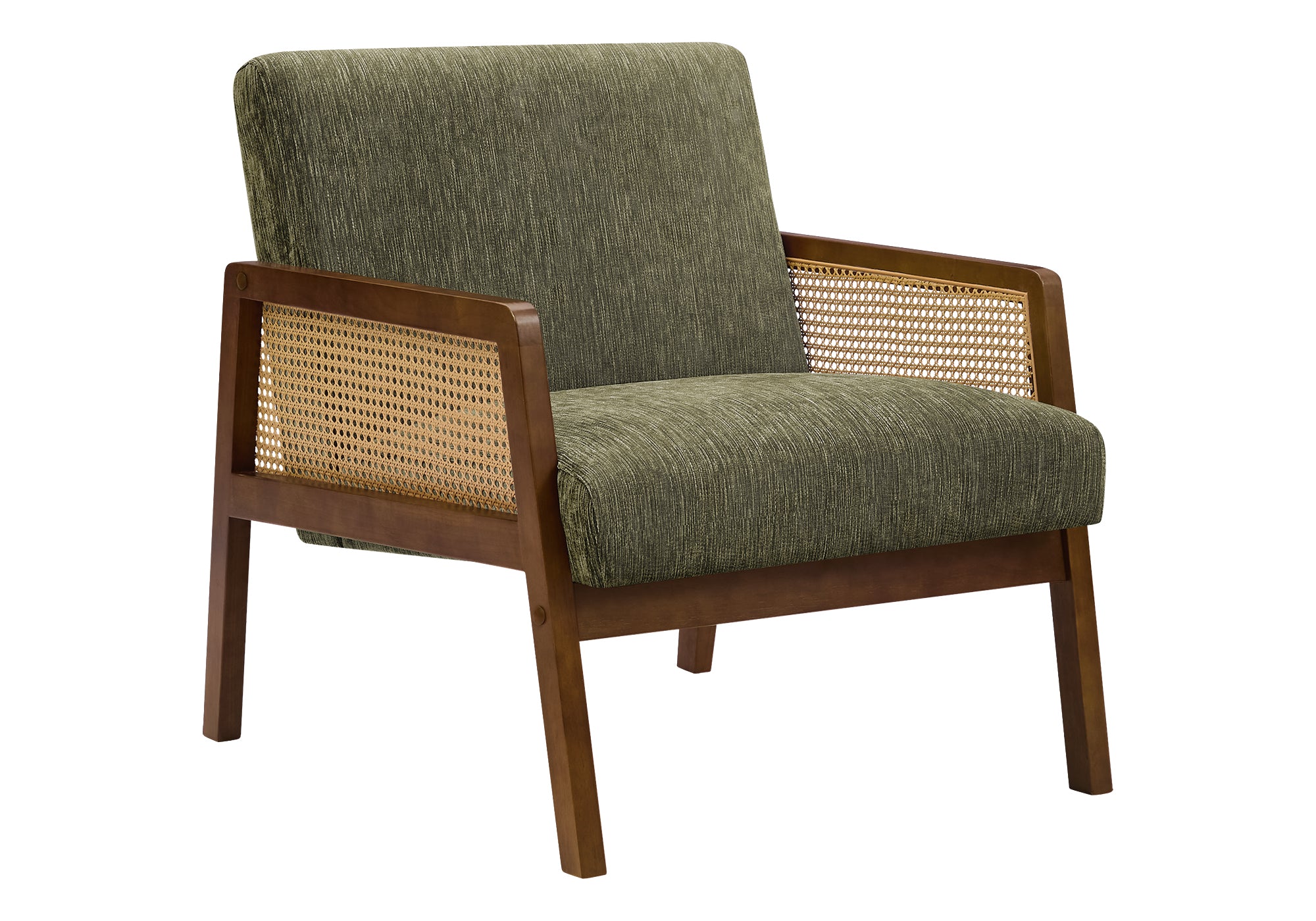 MN-U668336    Accent Chair, 30"h, Upholstered, Living Room, Bedroom, Green Fabric, Brown Walnut Solid Wood, Modern, Mid Century