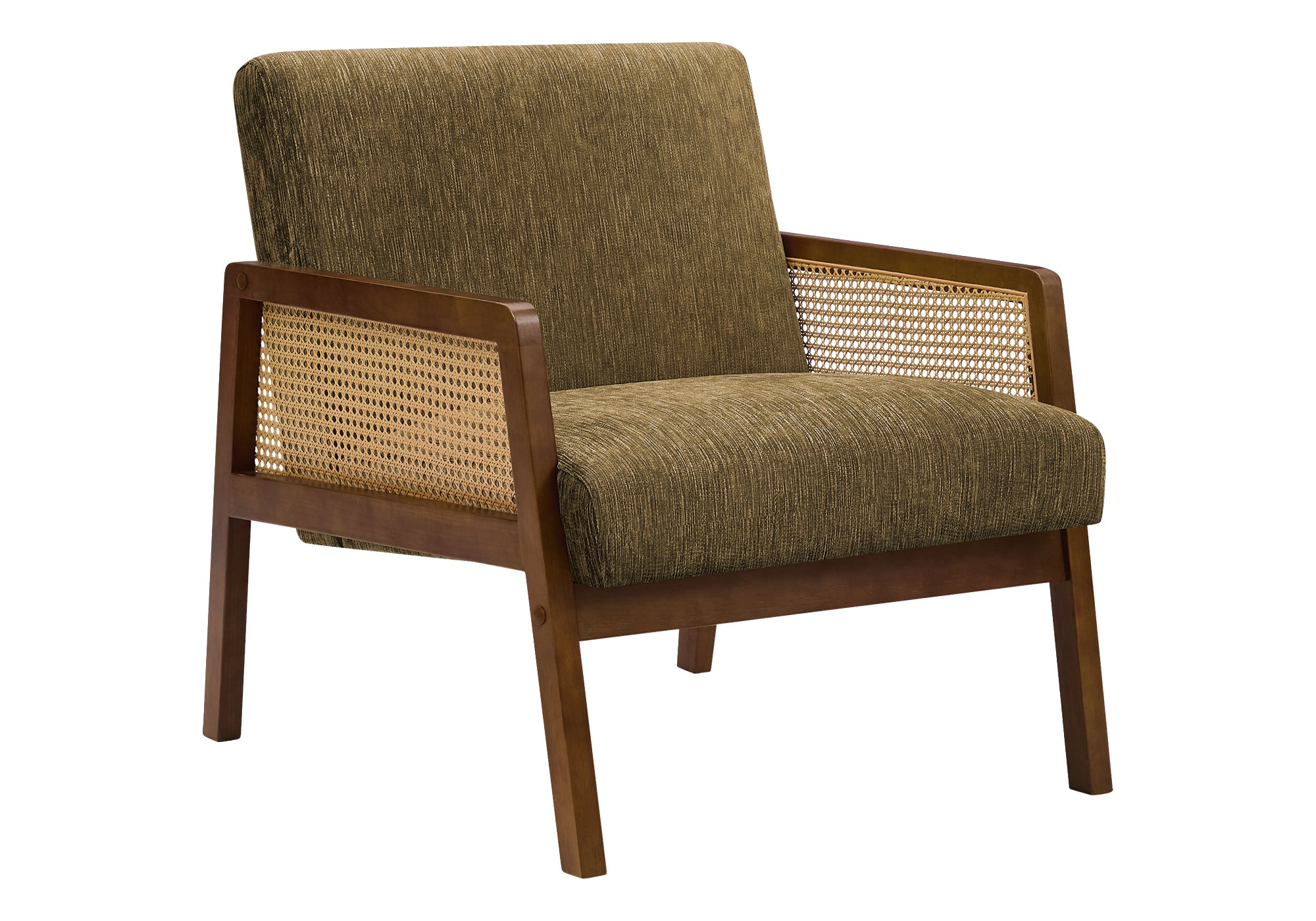 MN-U668337    Accent Chair, 30"h, Upholstered, Living Room, Bedroom, Brown Fabric, Brown Walnut Solid Wood, Modern, Mid Century