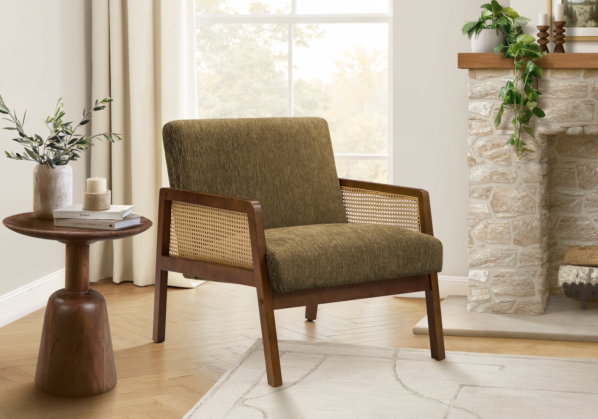 MN-U668337    Accent Chair, 30"h, Upholstered, Living Room, Bedroom, Brown Fabric, Brown Walnut Solid Wood, Modern, Mid Century