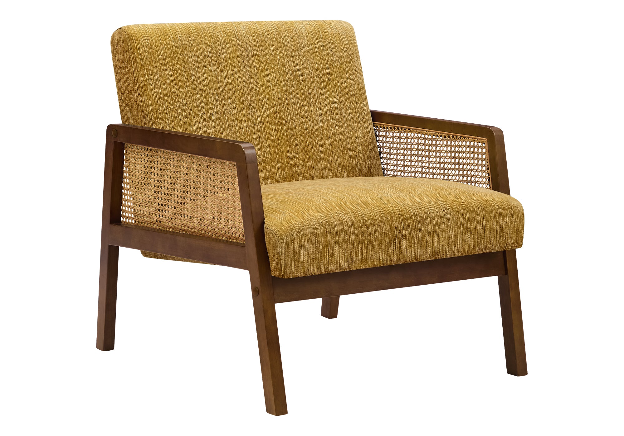 MN-618338    Accent Chair, 30"h, Upholstered, Living Room, Bedroom, Gold Fabric, Brown Walnut Solid Wood, Modern, Mid Century
