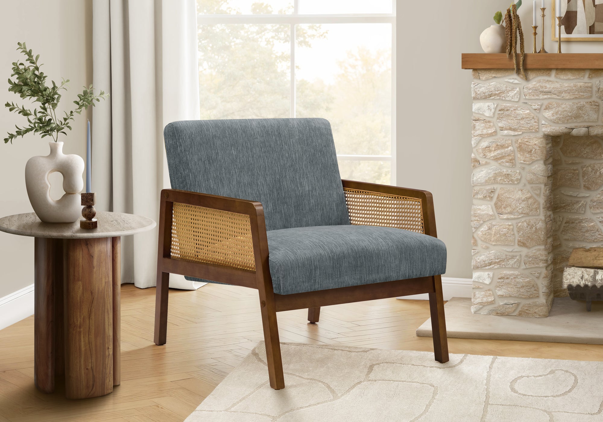 MN-U668339    Accent Chair, 30"h, Upholstered, Blue Fabric, Brown Walnut Solid Wood, Modern