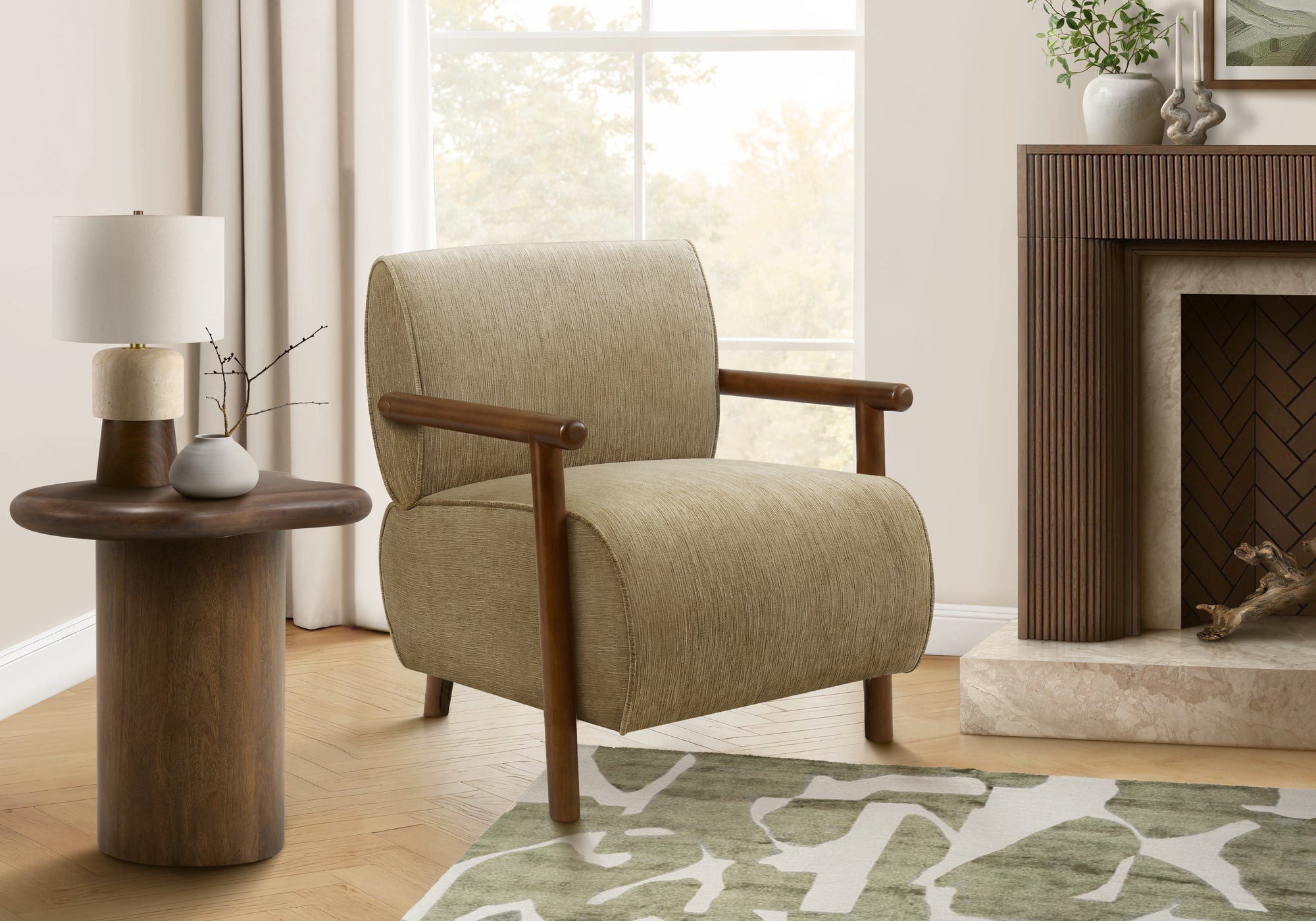 MN-G668340    Accent Chair, 31"h, Upholstered, Living Room, Bedroom, Light Brown Fabric, Brown Walnut Solid Wood, Modern, Mid Century