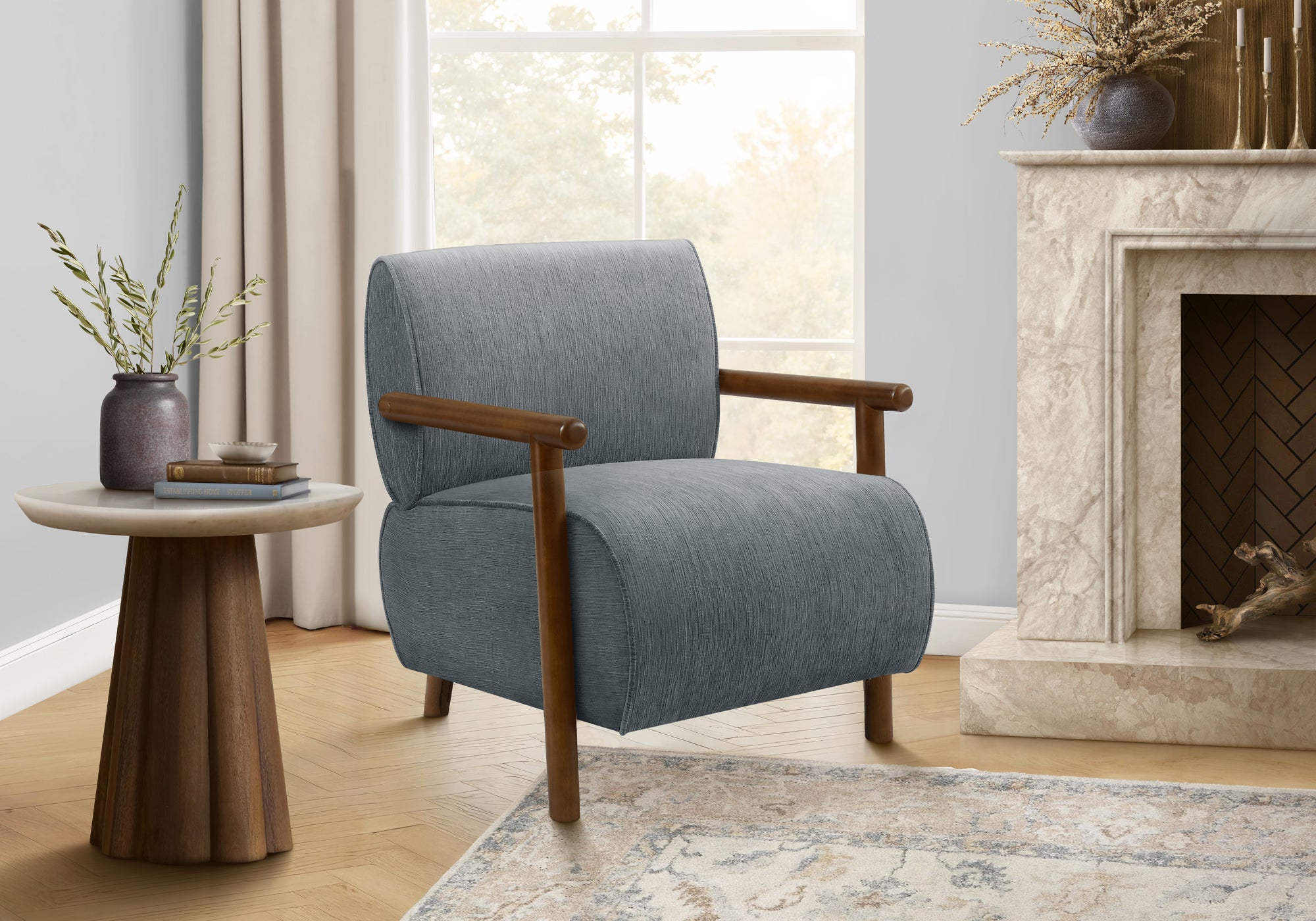 MN-G668341    Accent Chair, 31"h, Upholstered, Living Room, Bedroom, Blue Fabric, Brown Walnut Solid Wood, Modern, Mid Century