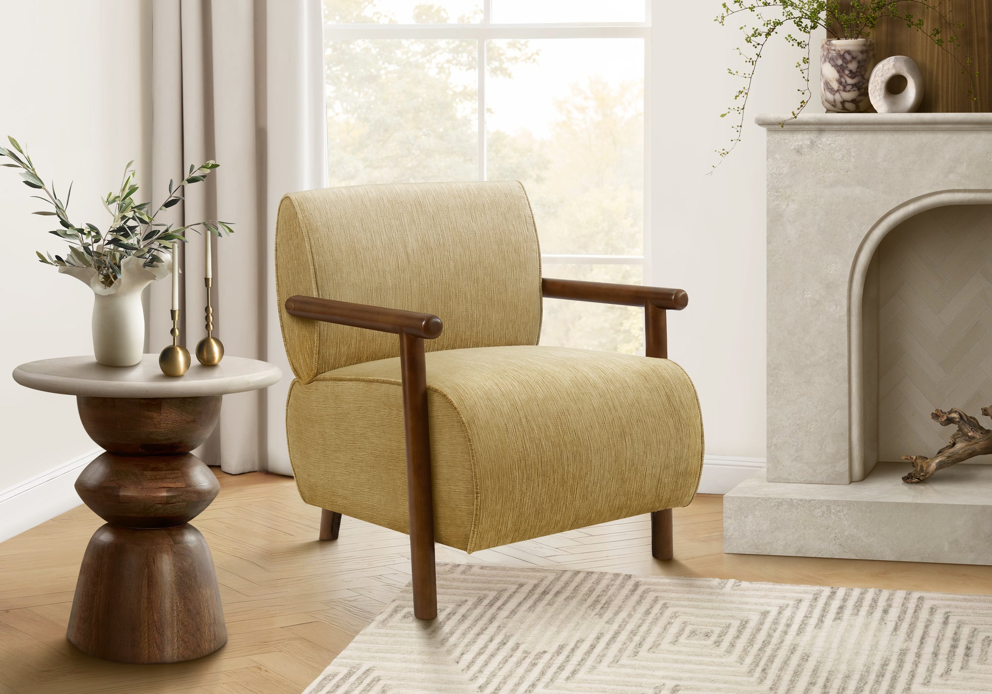MN-G668342    Accent Chair, 31"h, Upholstered, Living Room, Bedroom, Gold Fabric, Brown Walnut Solid Wood, Modern, Mid Century