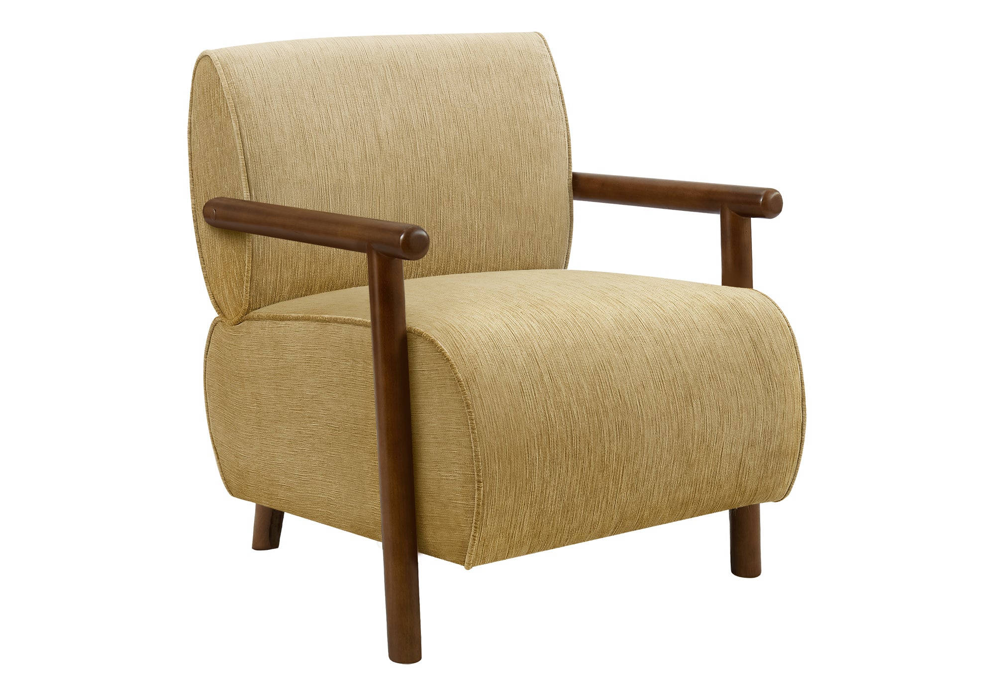 MN-G668342    Accent Chair, 31"h, Upholstered, Living Room, Bedroom, Gold Fabric, Brown Walnut Solid Wood, Modern, Mid Century