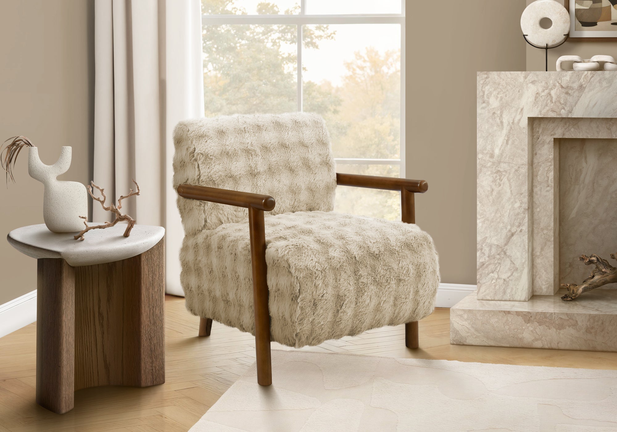 MN-G668343    Accent Chair, 31"h, Upholstered, Living Room, Bedroom, Light Brown Fabric, Brown Walnut Solid Wood, Modern, Mid Century