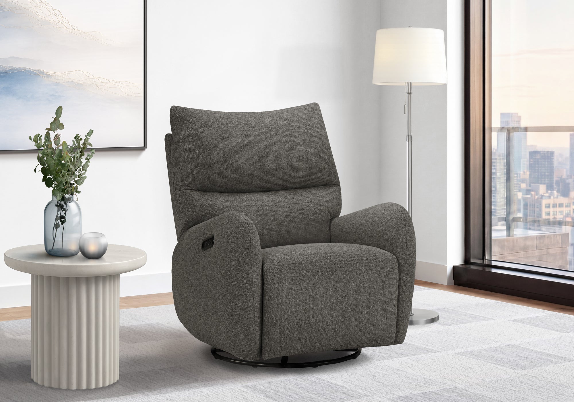 MN-G238406    Reclining Chair, 32" Wide, Glider, Power Recliner, Swivel, Usb Ports Included, Upholstered, Dark Grey Fabric