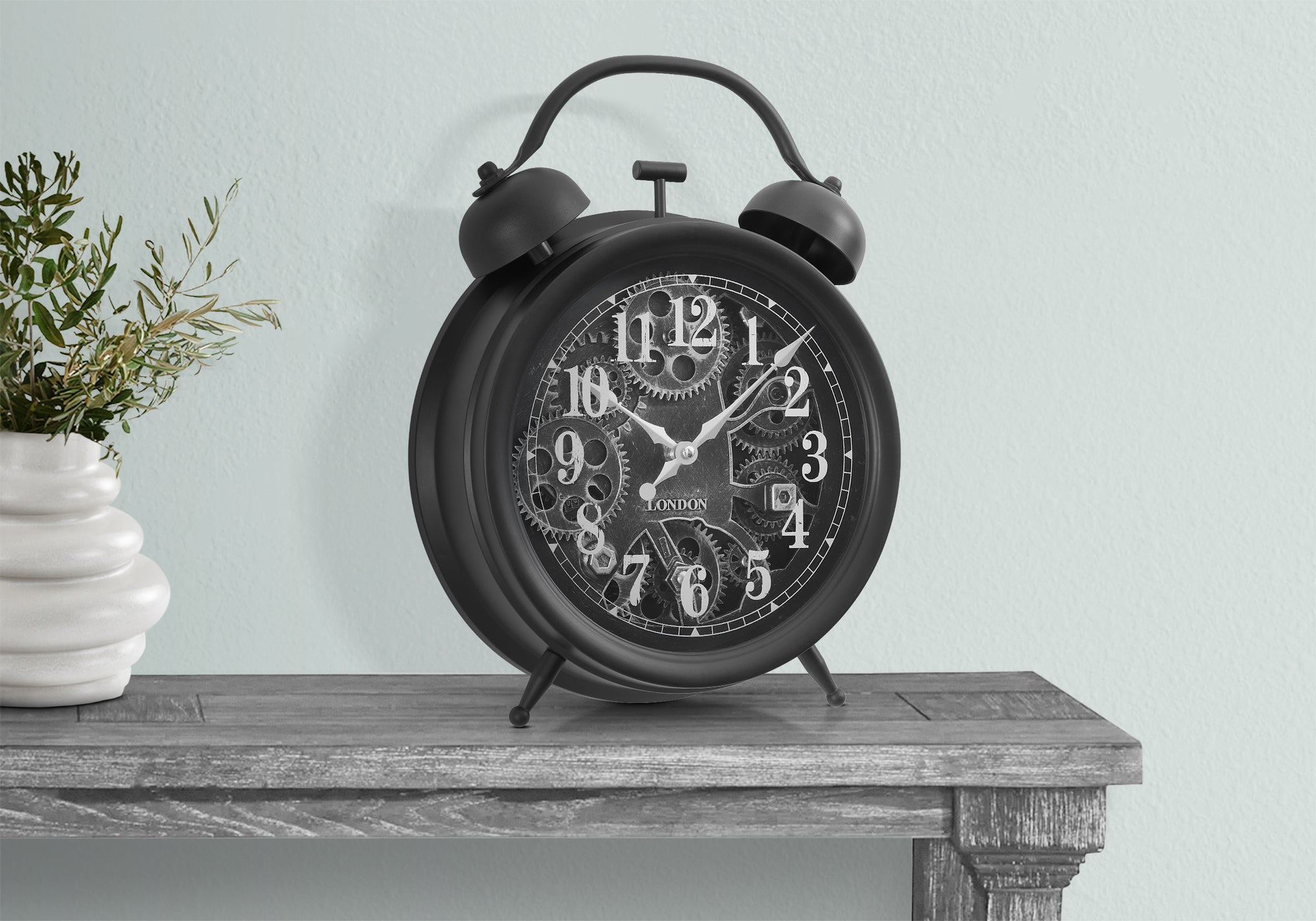MN-139015    Clocks, 12" Round, Gear Mechanism, Table Clock, Black, Transitional