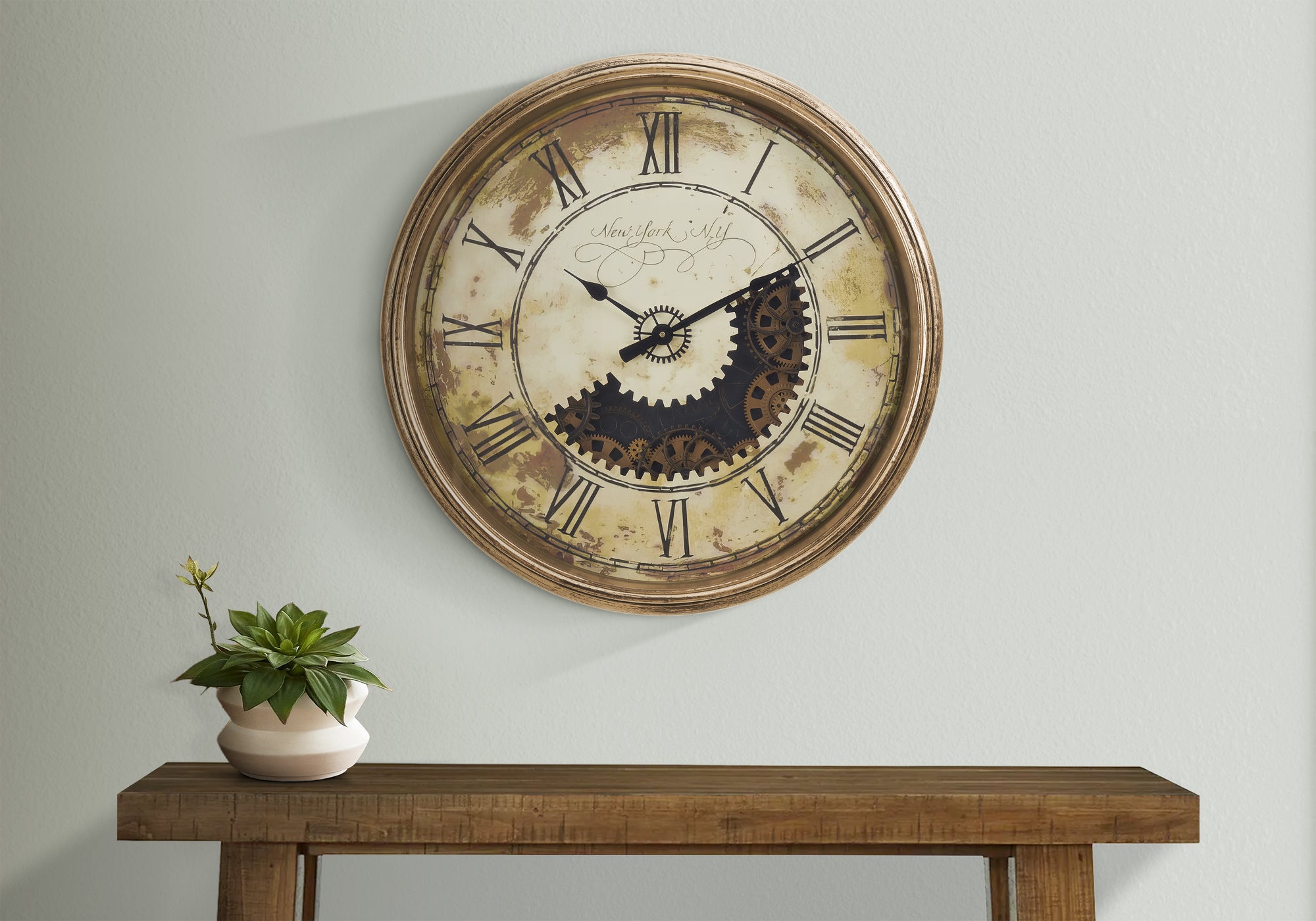 MN-269034    Clocks, 30" Round, Gear Mechanism, Large Oversized, Wall Clock, Antique Gold, Transitional