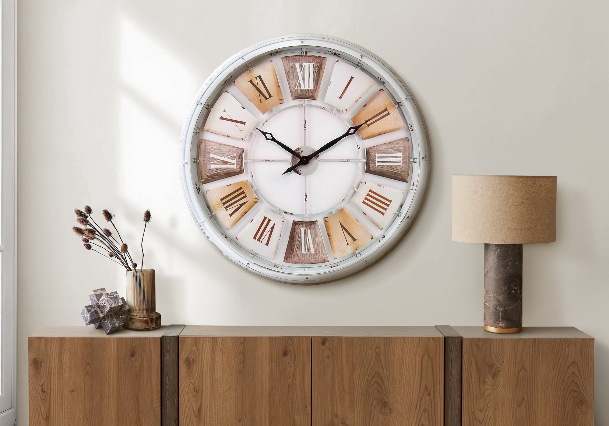 MN-D859036    Clocks, 30" Round, Large Oversized, Wall Clock, Antique White, Natural, Transitional