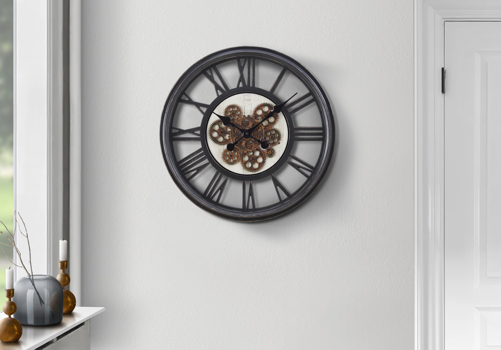 MN-489064    Clocks, 20" Round, Gear Mechanism, Wall Clock, Black, Transitional