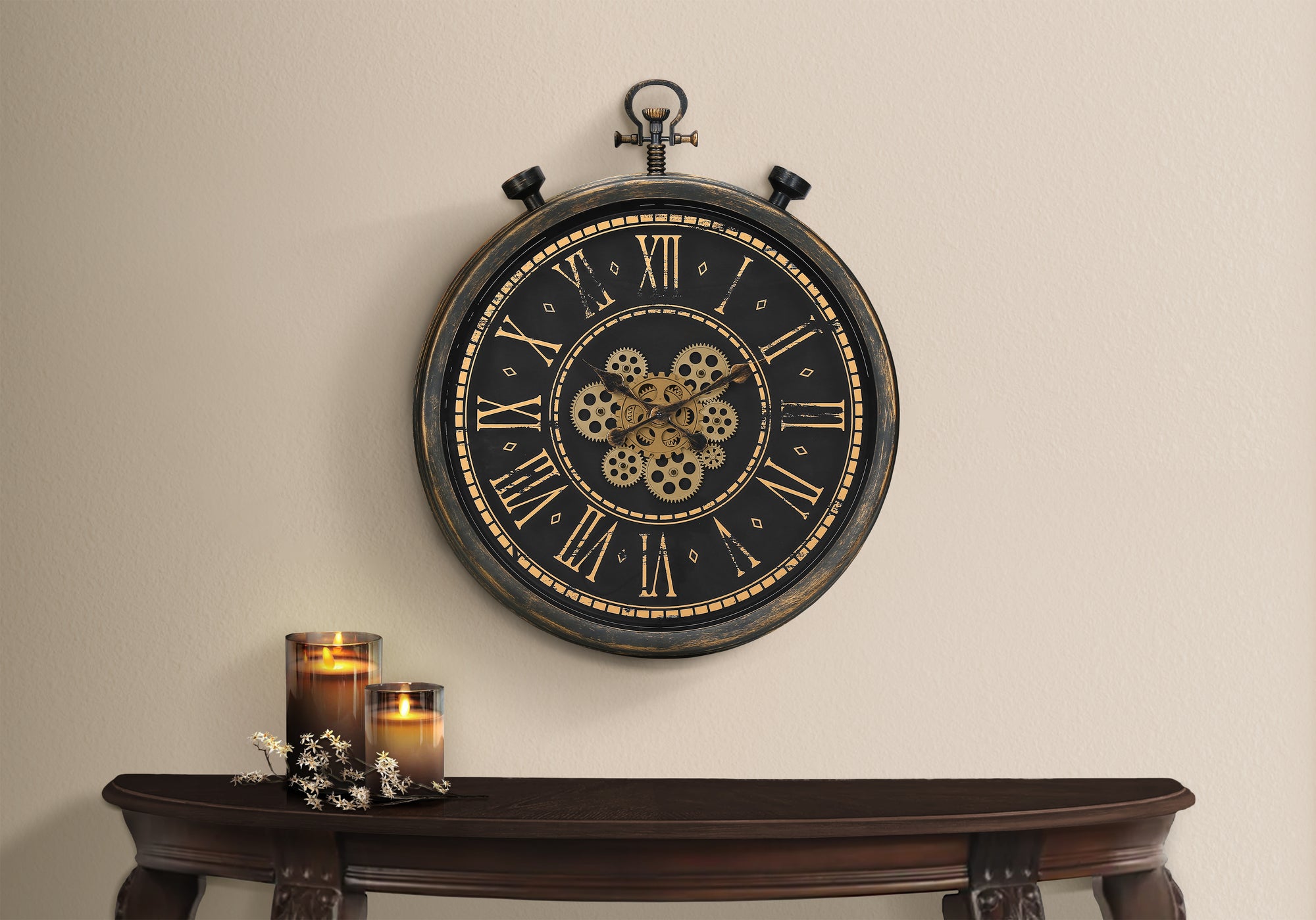 MN-529073    Clocks, 24" Round, Gear Mechanism, Wall Clock, Brown, Transitional
