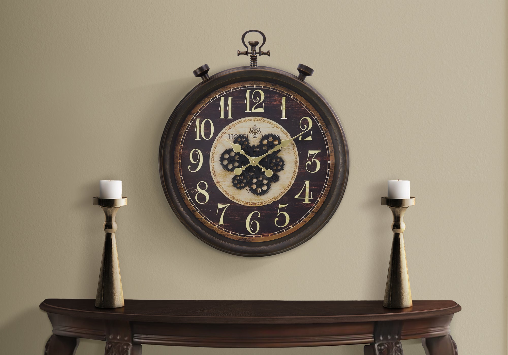 MN-539074    Clocks, 24" Round, Gear Mechanism, Wall Clock, Brown, Traditional