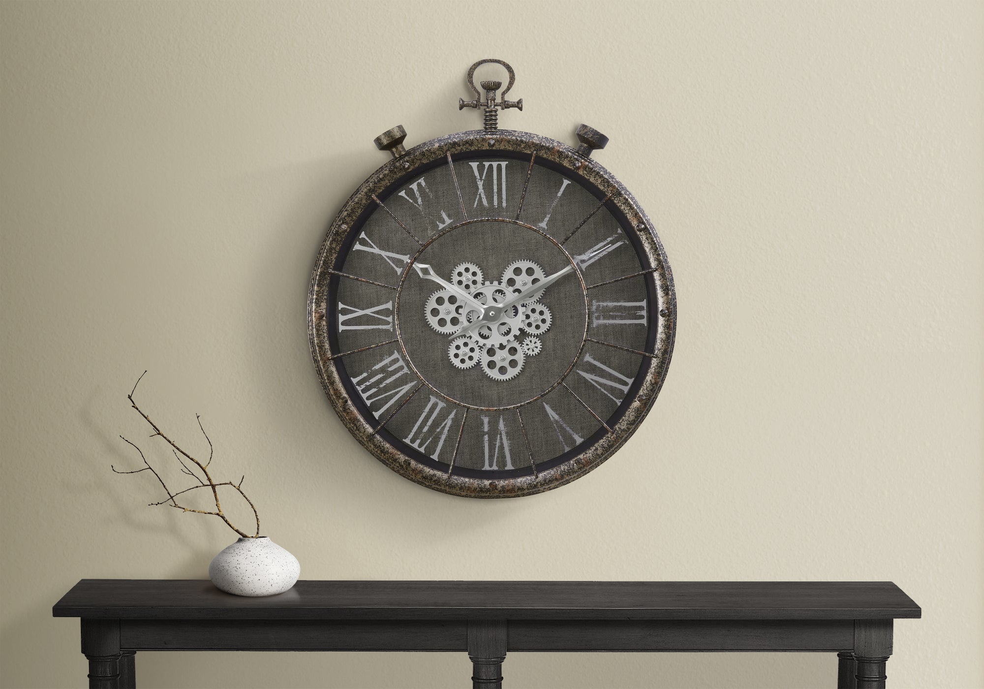 MN-549075    Clocks, 24" Round, Gear Mechanism, Wall Clock, Grey, Transitional