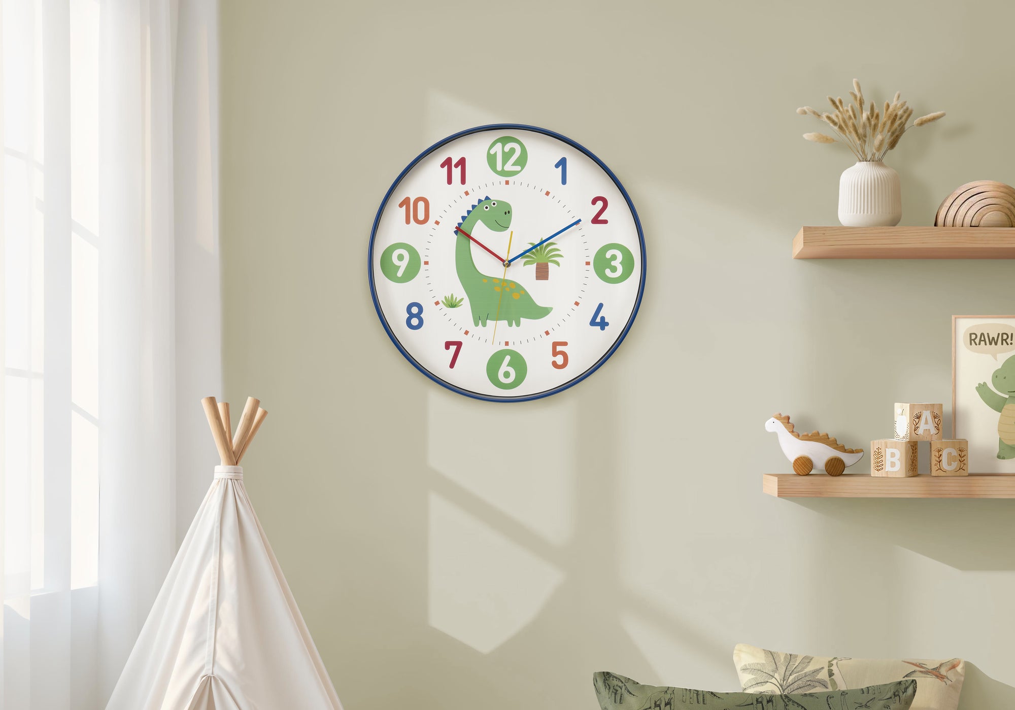 MN-X469100    Clocks, 18" Round, Juvenile, Wall Clock, Multi-colored Face, Blue Frame, Contemporary, Modern