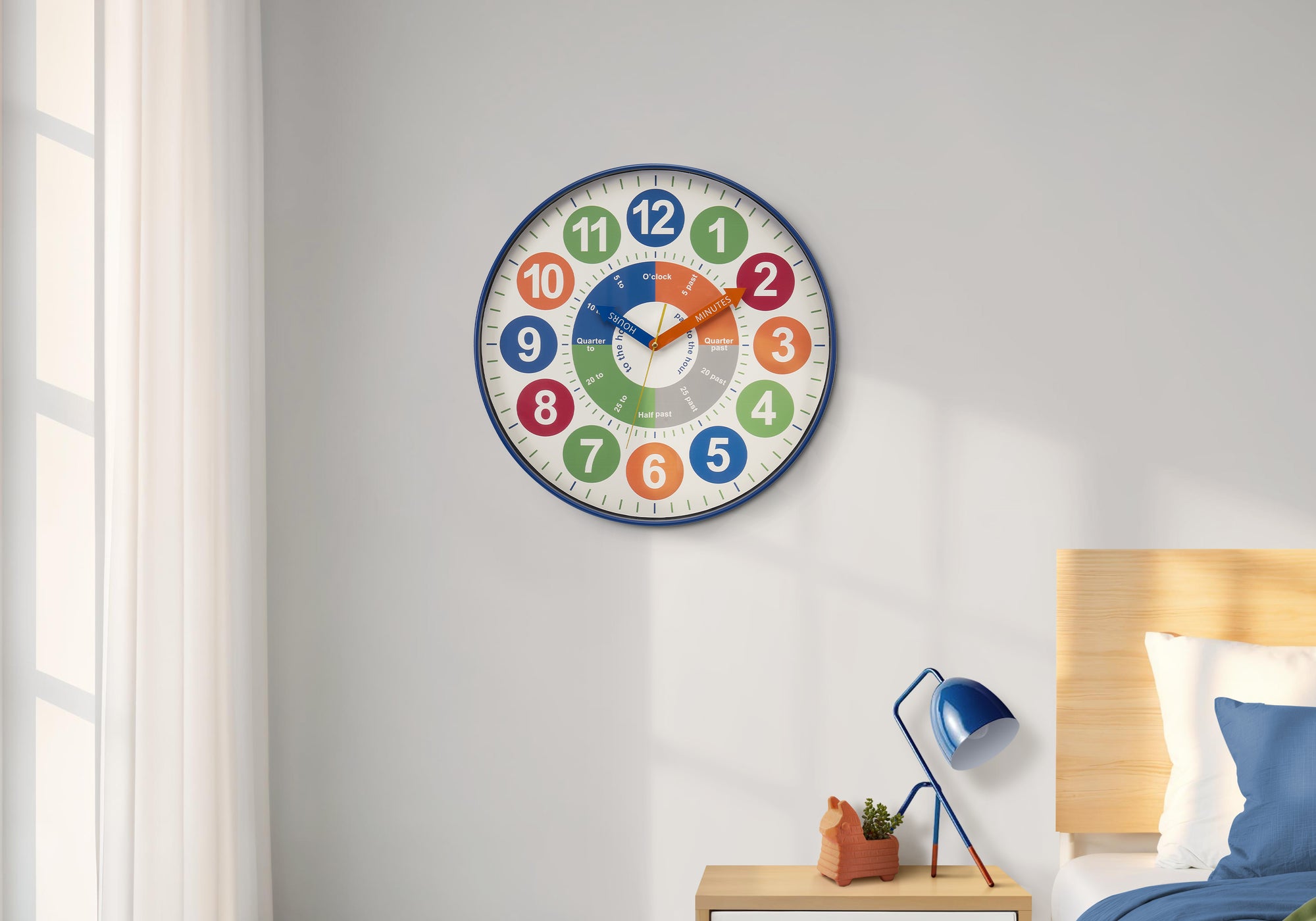 MN-X469101    Clocks, 18" Round, Juvenile, Wall Clock, Multi-colored Face, Blue Frame, Contemporary, Modern