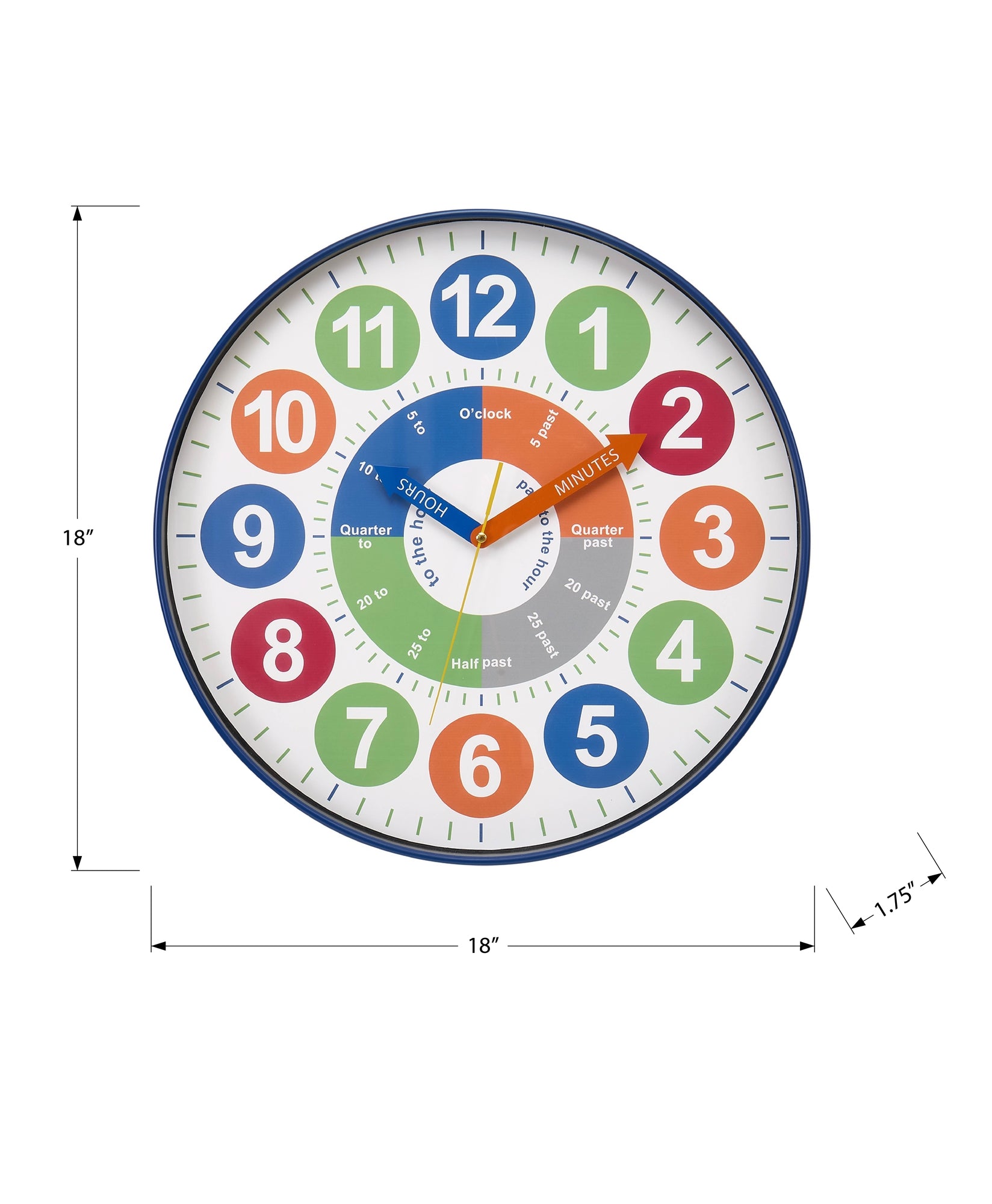 MN-X469101    Clocks, 18" Round, Juvenile, Wall Clock, Multi-colored Face, Blue Frame, Contemporary, Modern