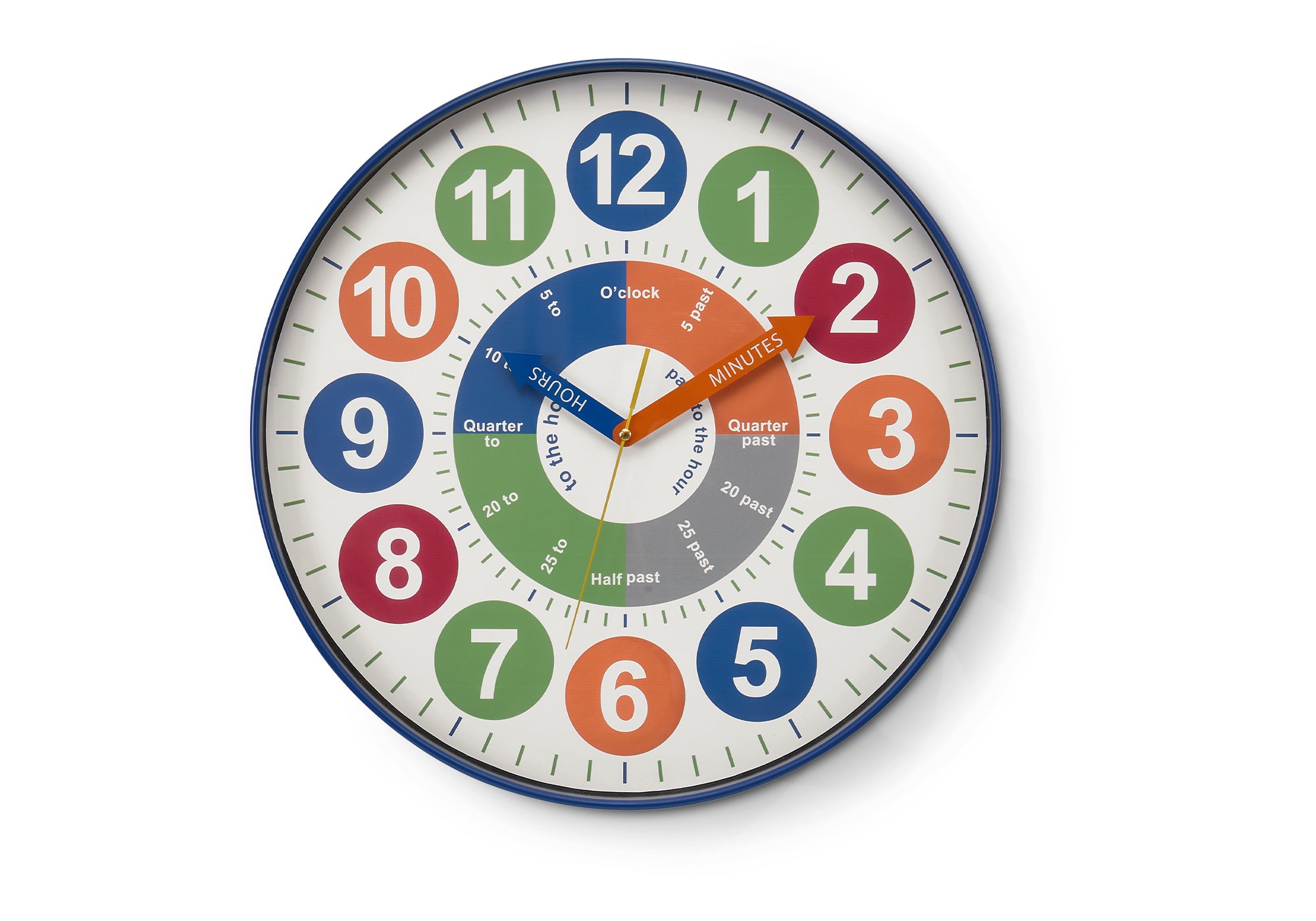 MN-X469101    Clocks, 18" Round, Juvenile, Wall Clock, Multi-colored Face, Blue Frame, Contemporary, Modern