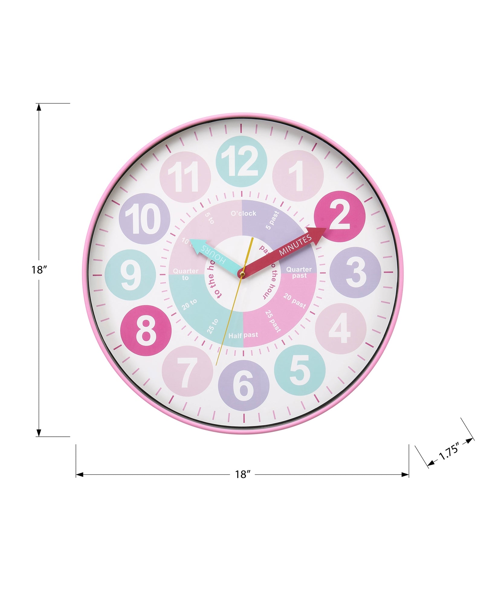 MN-X469102    Clocks, 18" Round, Juvenile, Wall Clock, Multi-colored Face, Pink Frame, Contemporary, Modern