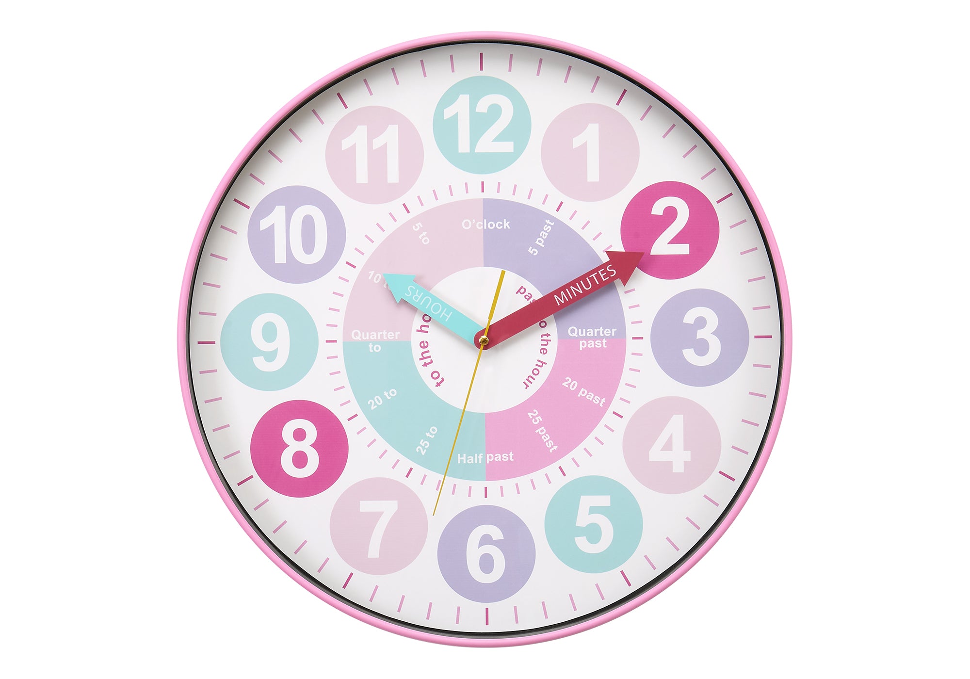 MN-X469102    Clocks, 18" Round, Juvenile, Wall Clock, Multi-colored Face, Pink Frame, Contemporary, Modern