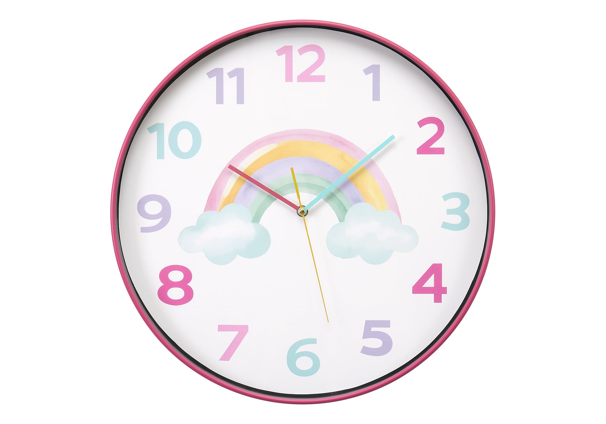 MN-X469103    Clocks, 18" Round, Juvenile, Wall Clock, Multi-colored Face, Pink Frame, Contemporary, Modern