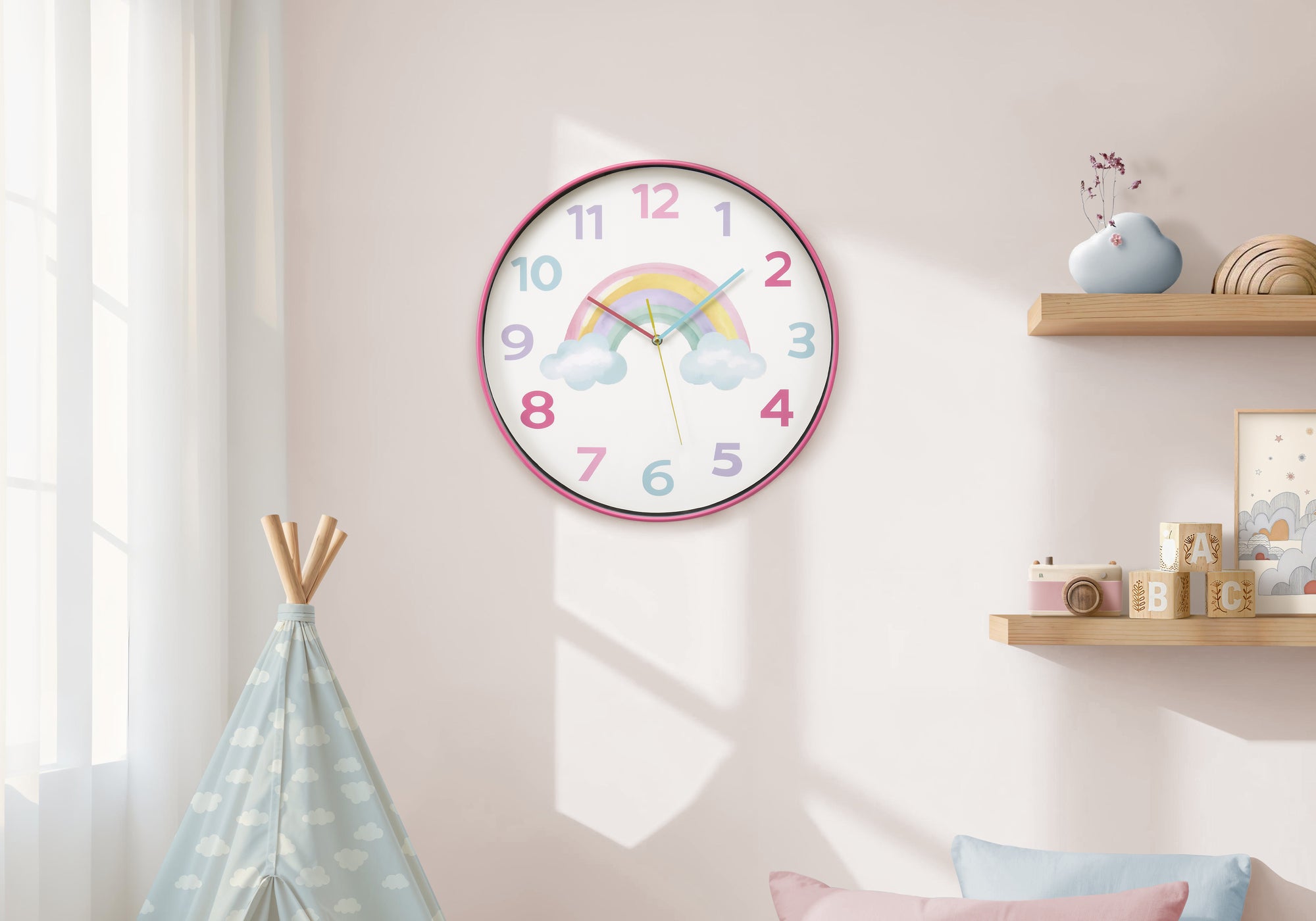 MN-X469103    Clocks, 18" Round, Juvenile, Wall Clock, Multi-colored Face, Pink Frame, Contemporary, Modern