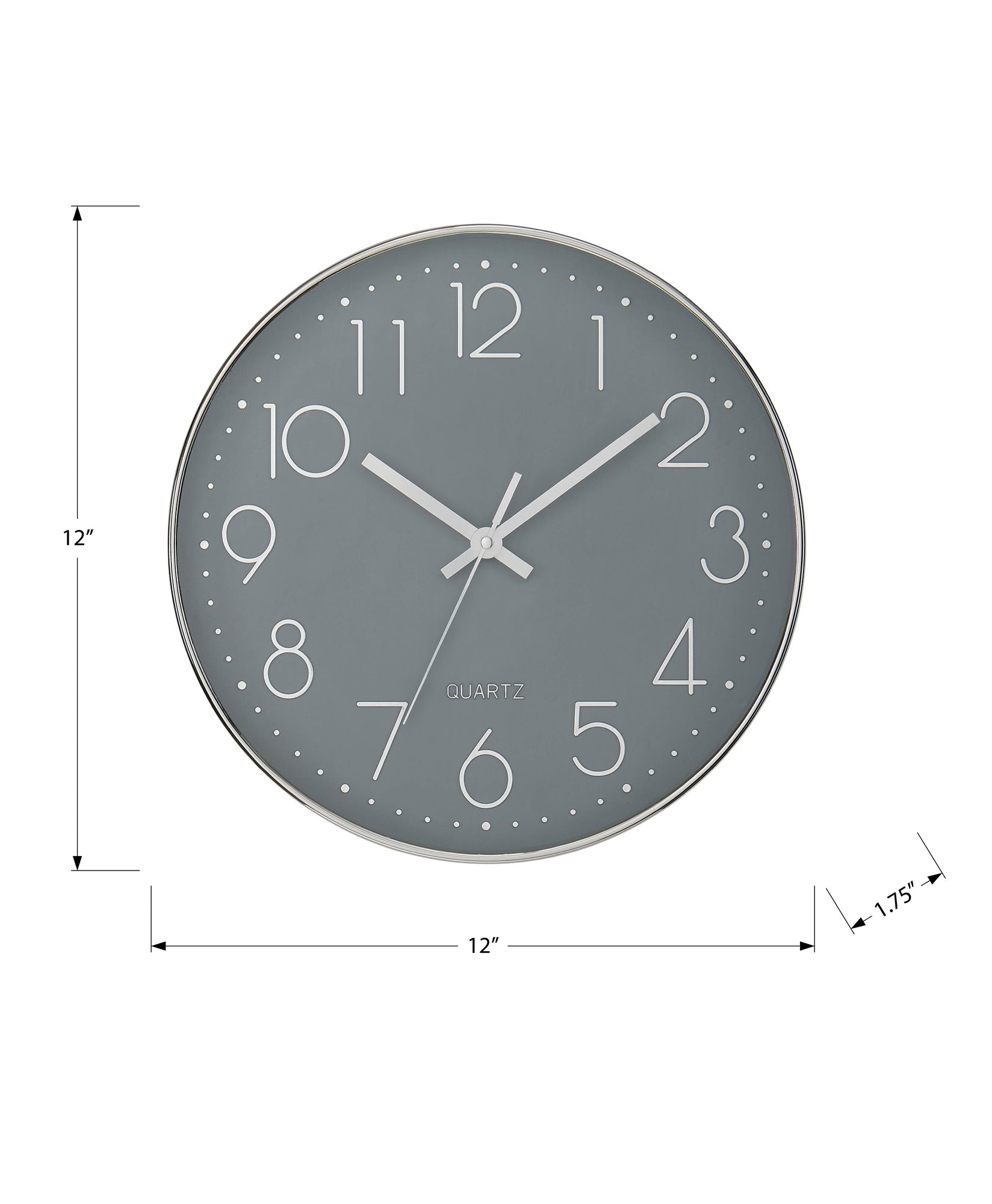 MN-479107    Clocks, 12" Round, Wall Clock, Grey Face, Silver Frame, Contemporary, Modern