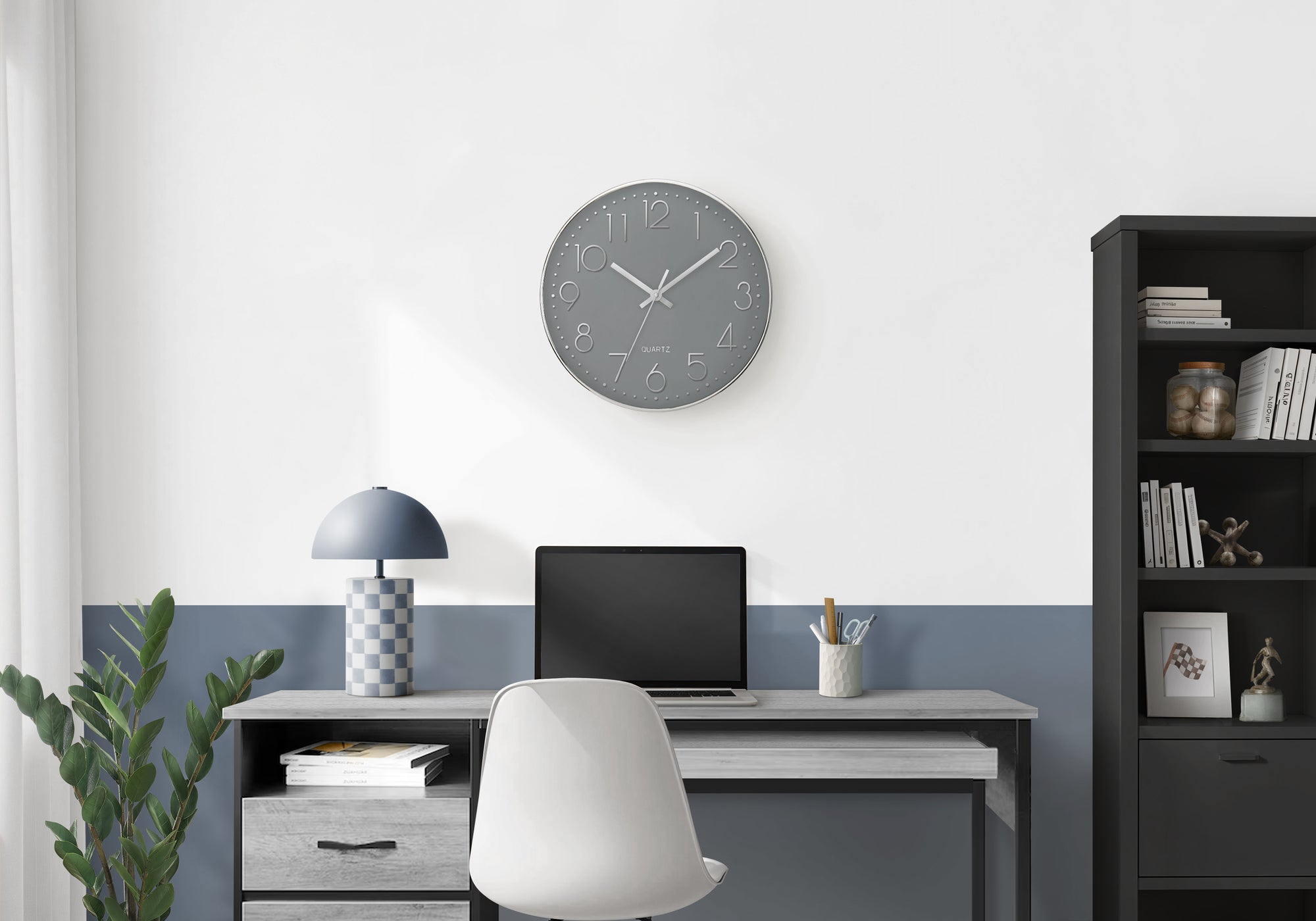 MN-479107    Clocks, 12" Round, Wall Clock, Grey Face, Silver Frame, Contemporary, Modern