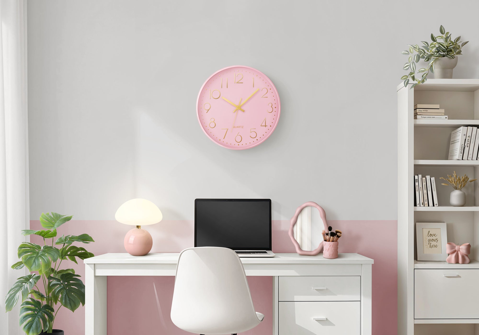 MN-489108    Clocks, 12" Round, Wall Clock, Pink Face, Pink Frame, Contemporary, Modern