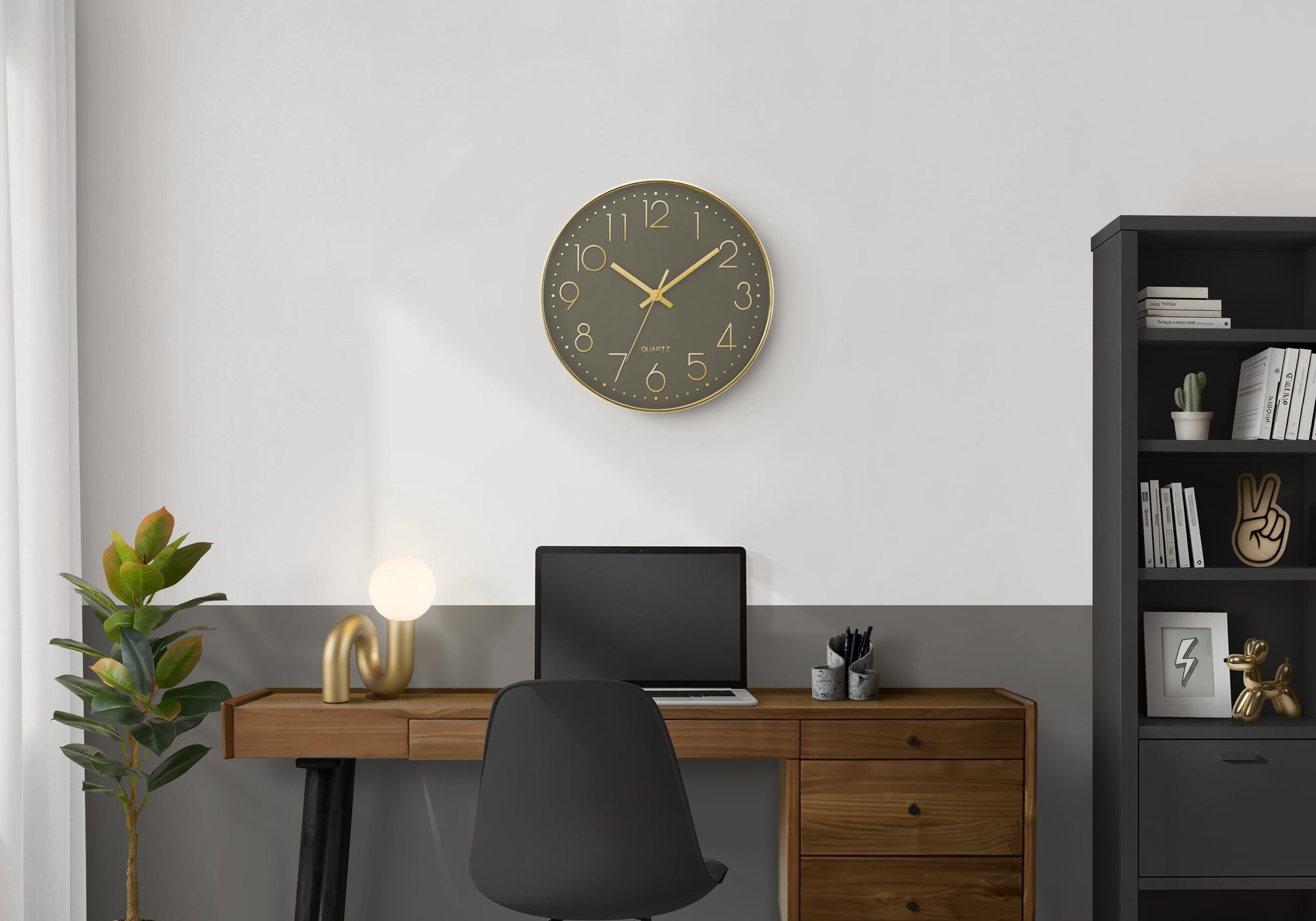 MN-509110    Clocks, 12" Round, Wall Clock, Dark Bronze Face, Gold Frame, Contemporary, Modern