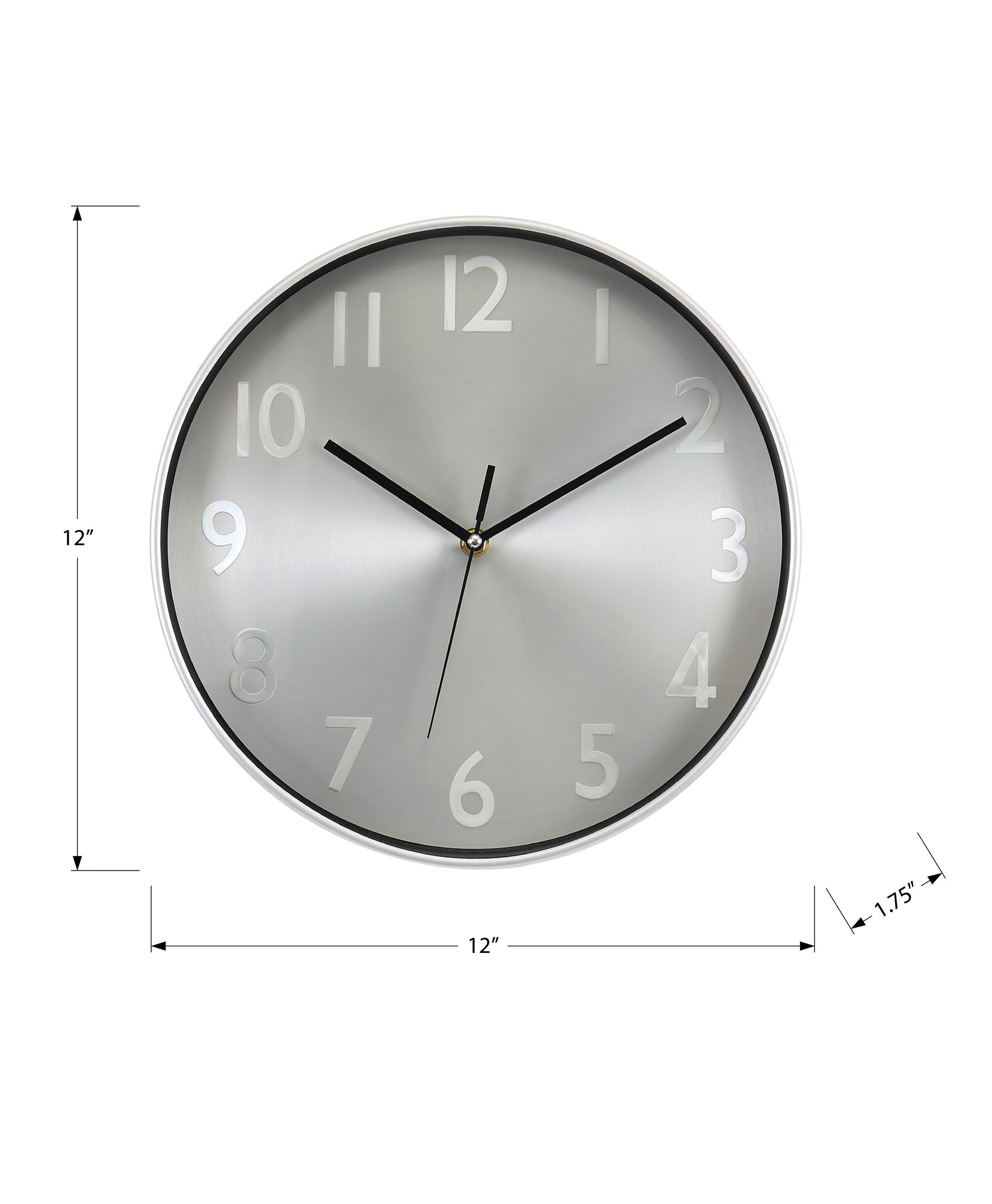 MN-519111    Clocks, 12" Round, Wall Clock, Silver Face, Silver Frame, Contemporary, Modern