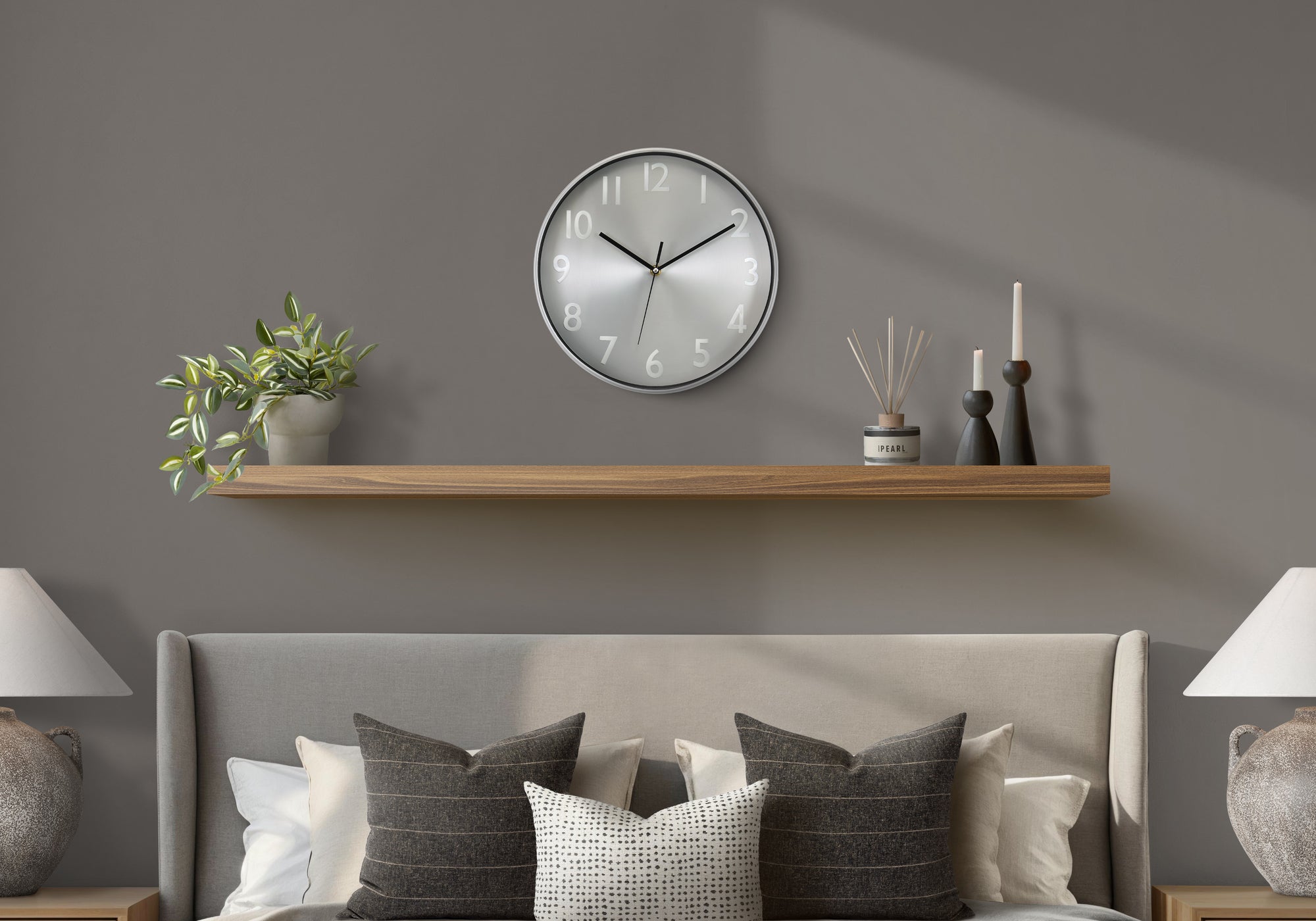 MN-519111    Clocks, 12" Round, Wall Clock, Silver Face, Silver Frame, Contemporary, Modern