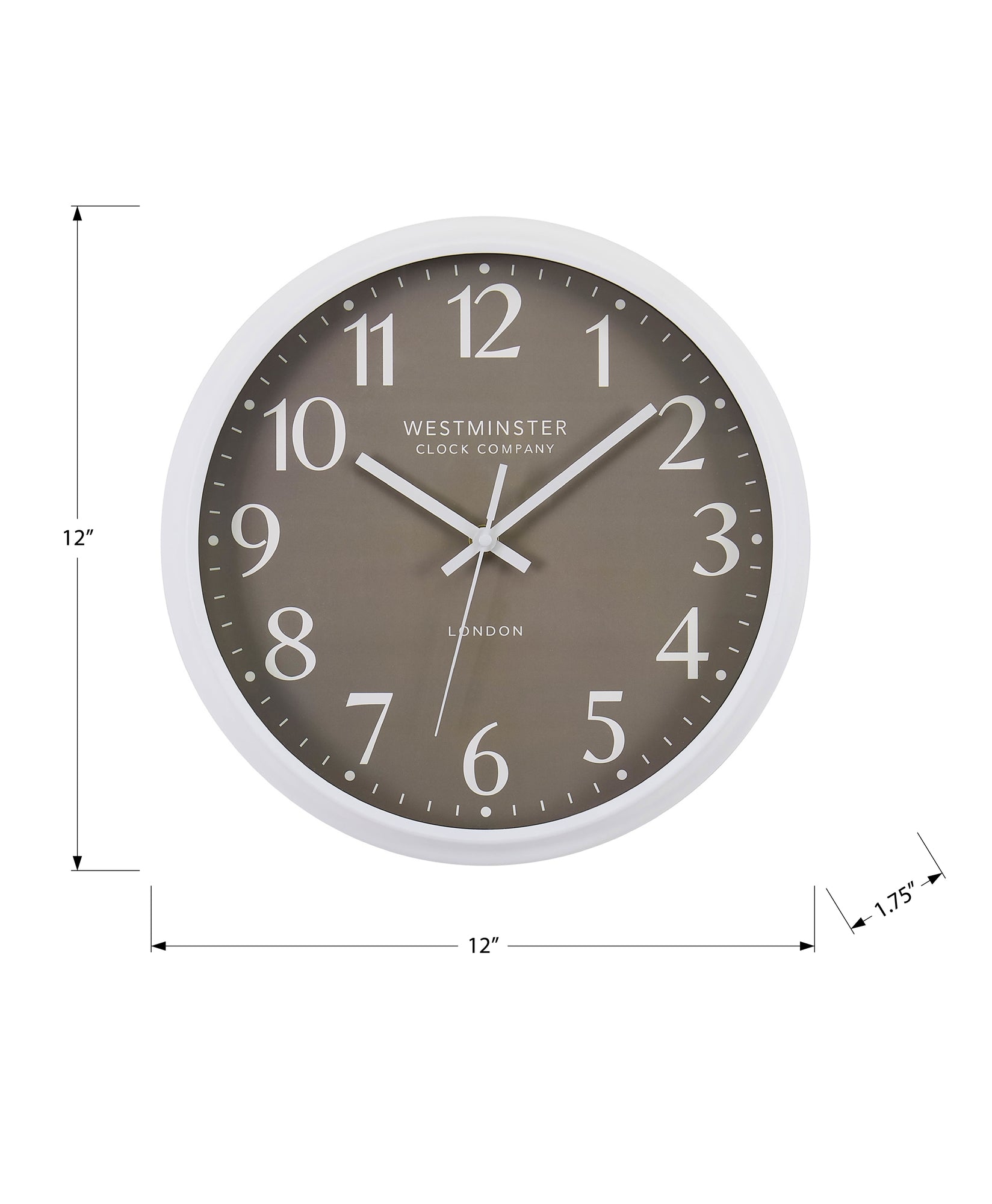 MN-S569115    Clocks, 12" Round, Wall Clock, Dark Bronze Face, White Frame, Modern, Contemporary