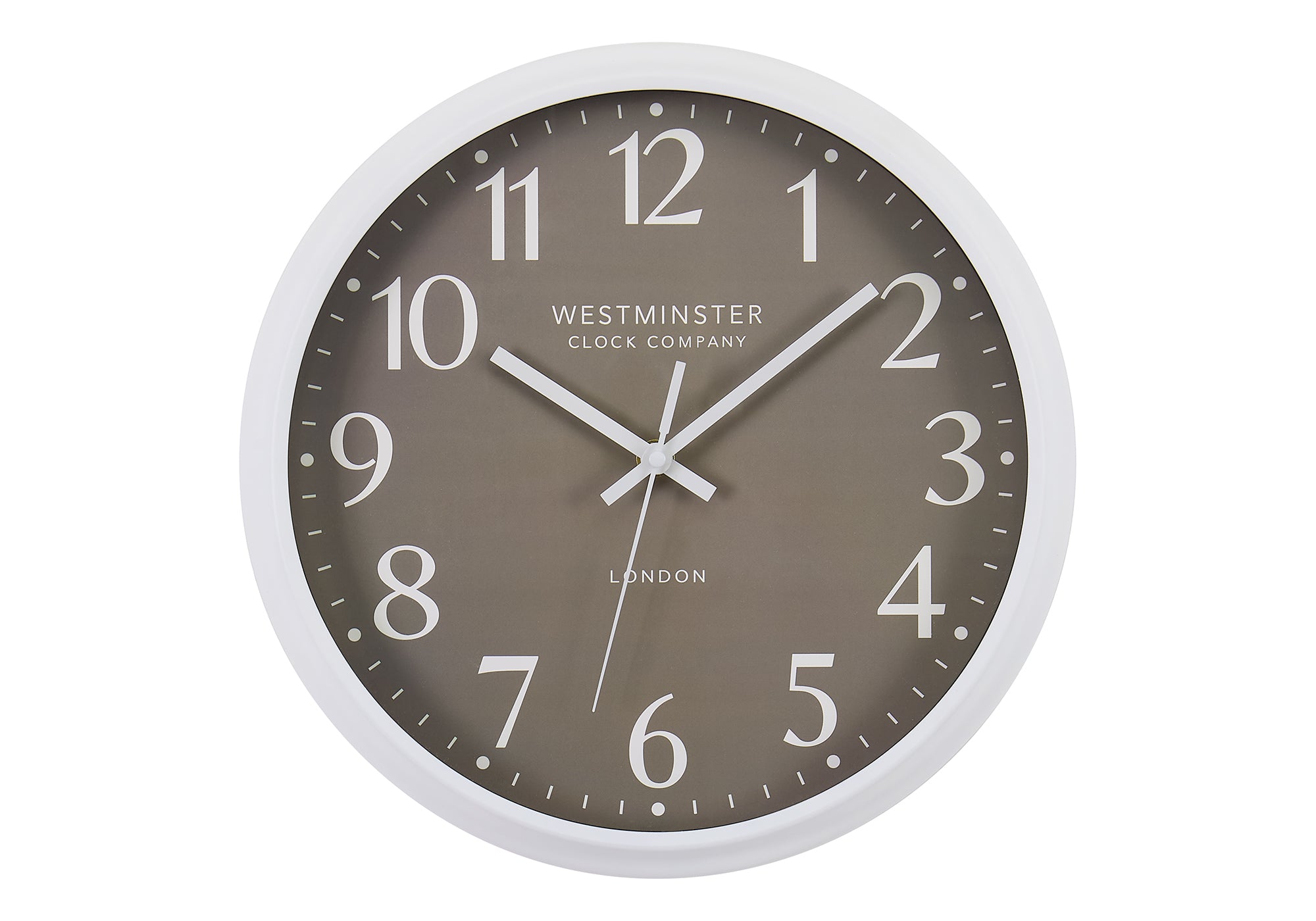 MN-S569115    Clocks, 12" Round, Wall Clock, Dark Bronze Face, White Frame, Modern, Contemporary