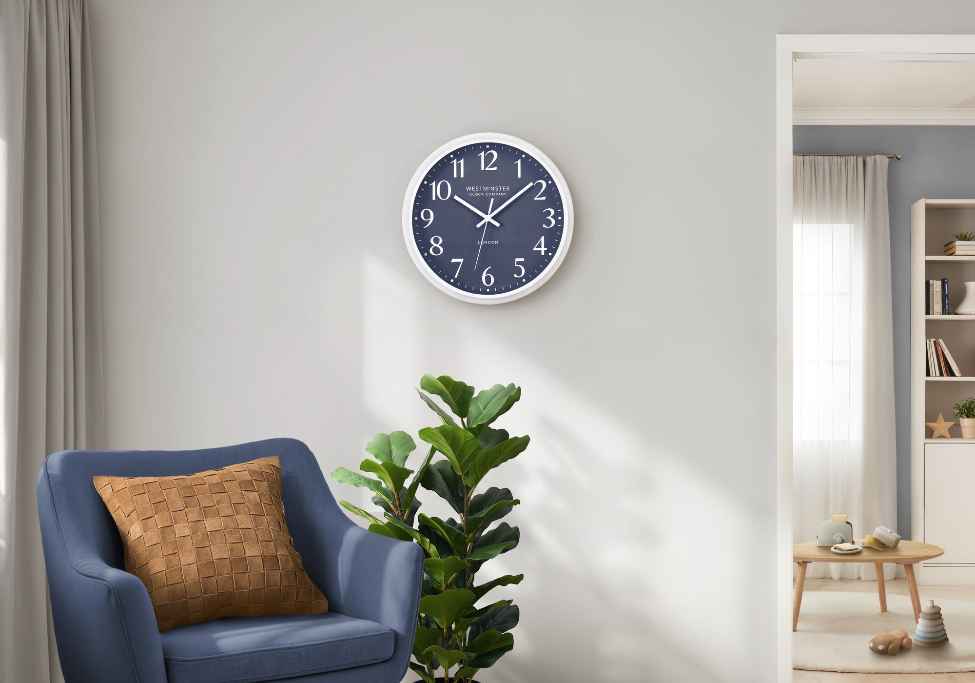 MN-S569116    Clocks, 12" Round, Wall Clock, Blue Face, White Frame, Modern, Contemporary