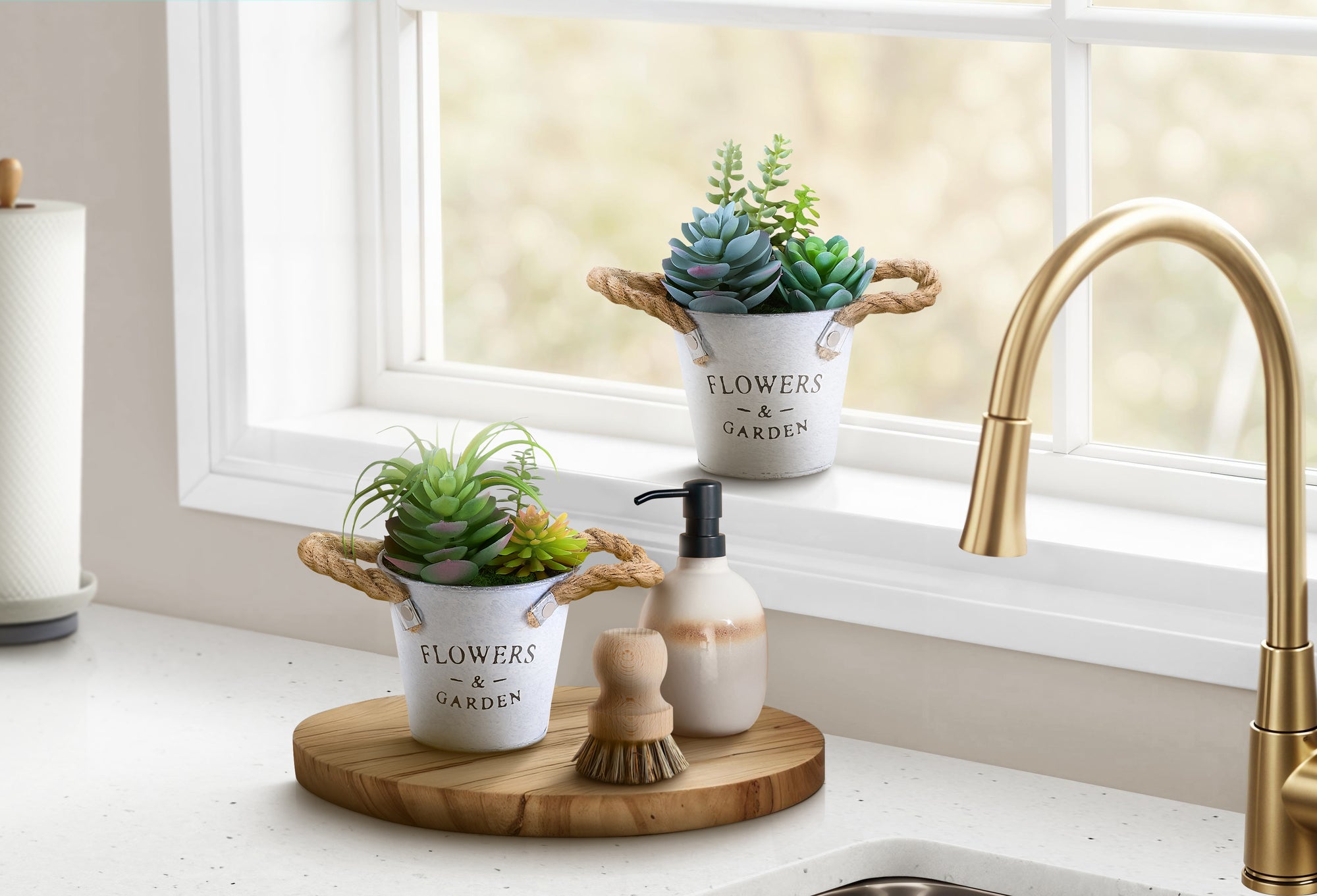 MN-P919361    Artificial Plant, Set Of 2, 7" Tall, Succulent, Table, White Metal Pots, Contemporary, Modern
