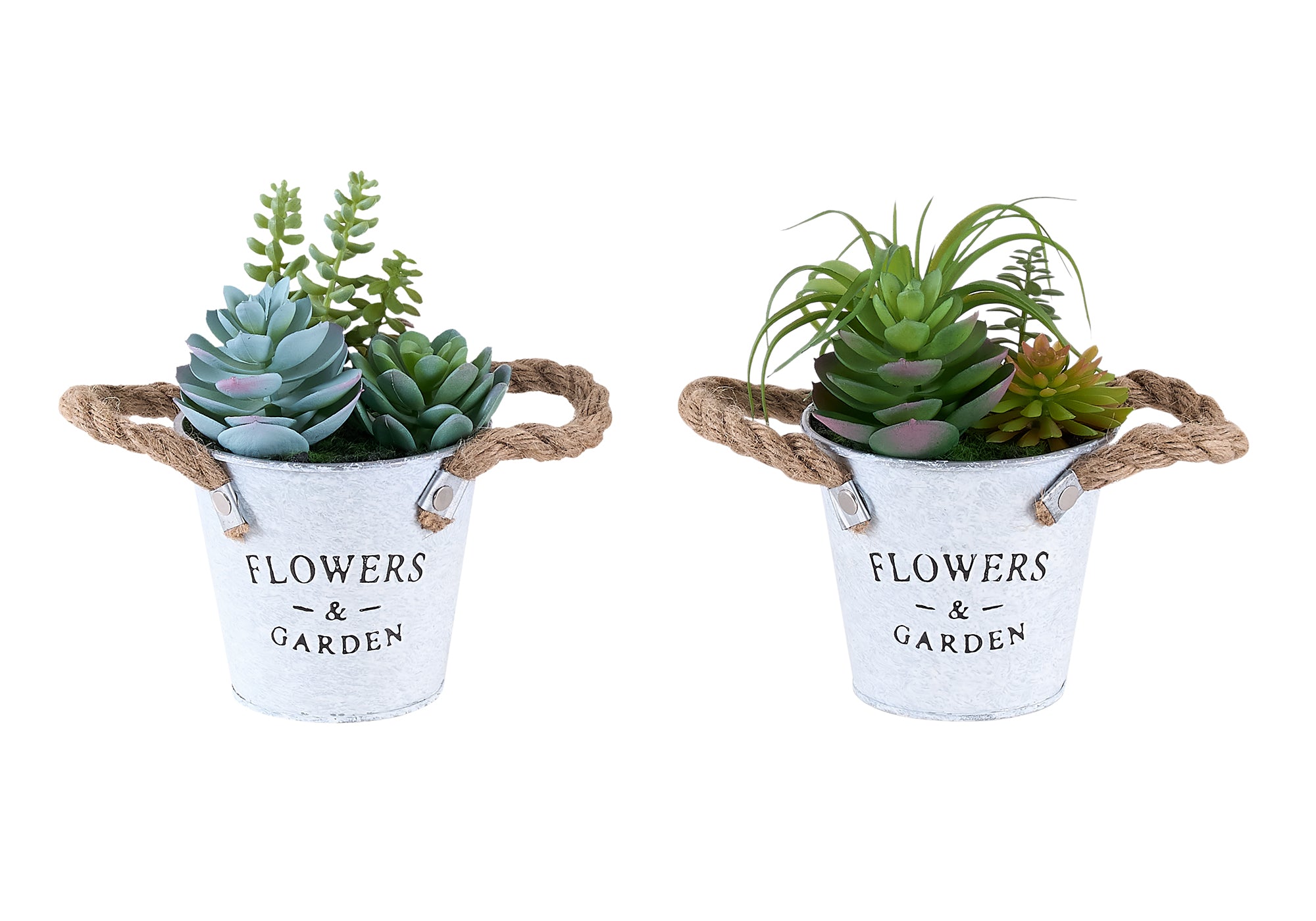 MN-P919361    Artificial Plant, Set Of 2, 7" Tall, Succulent, Table, White Metal Pots, Contemporary, Modern