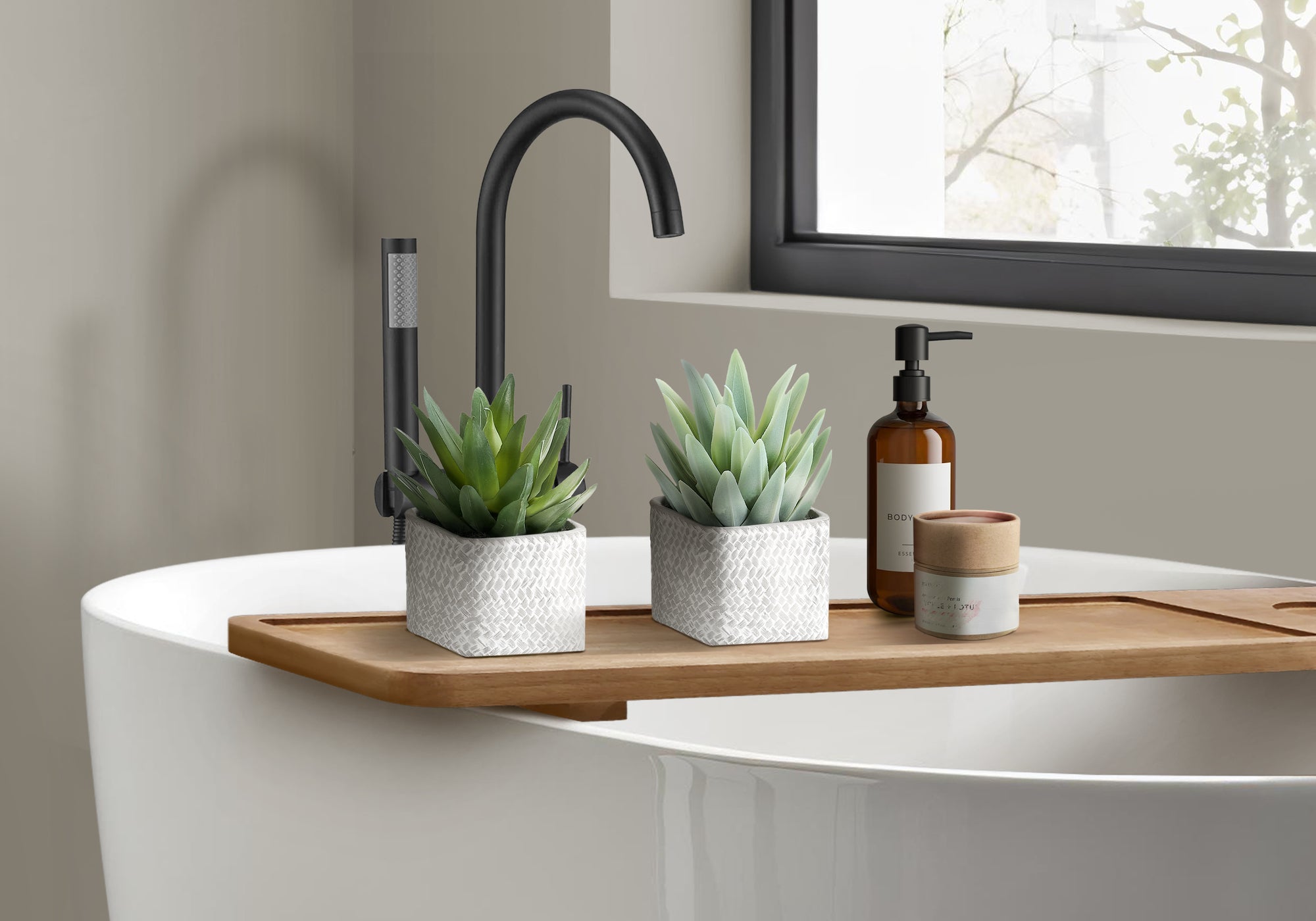 MN-939363    Artificial Plant, Set Of 2, 8" Tall, Succulent, Table, Grey Cement Pots, Contemporary, Modern