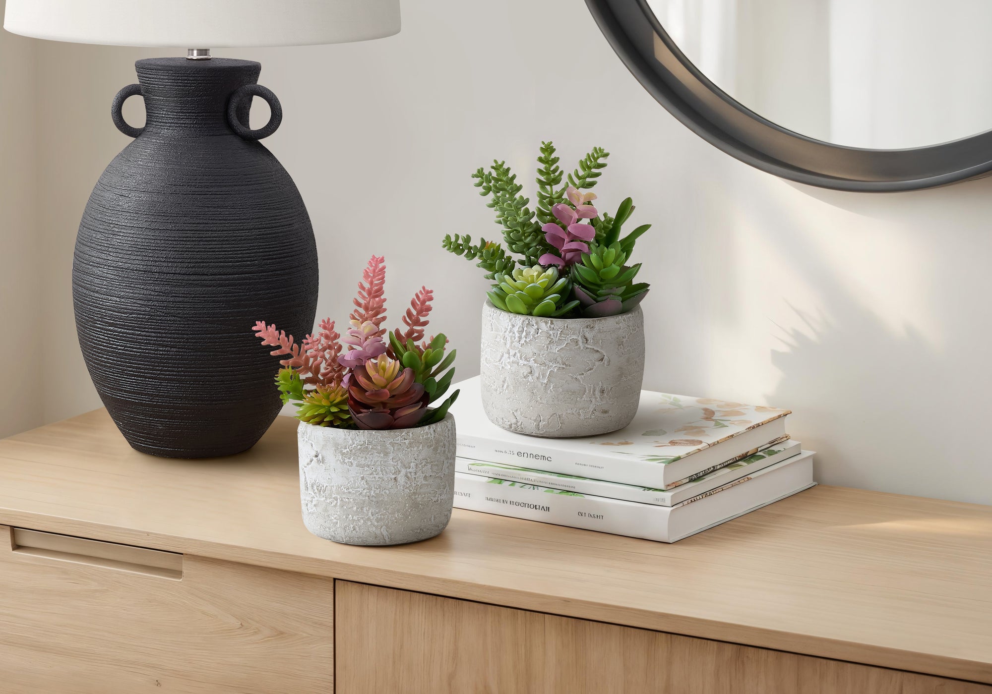 MN-J969366    Artificial Plant, Set Of 2, 9" Tall, Succulent, Table, Grey Cement Pots, Contemporary, Modern